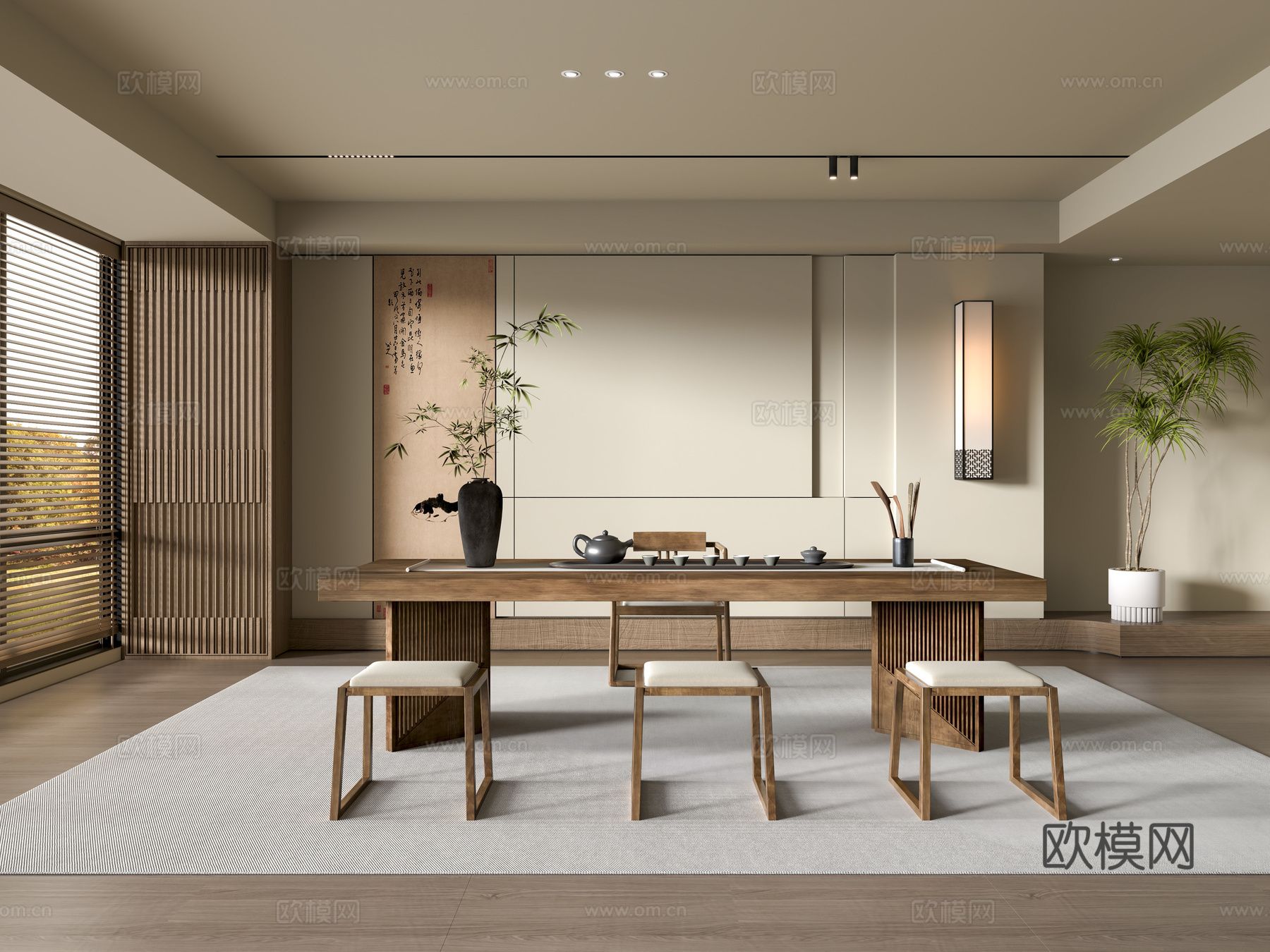 新中式中古风茶室 宋式风茶室su模型