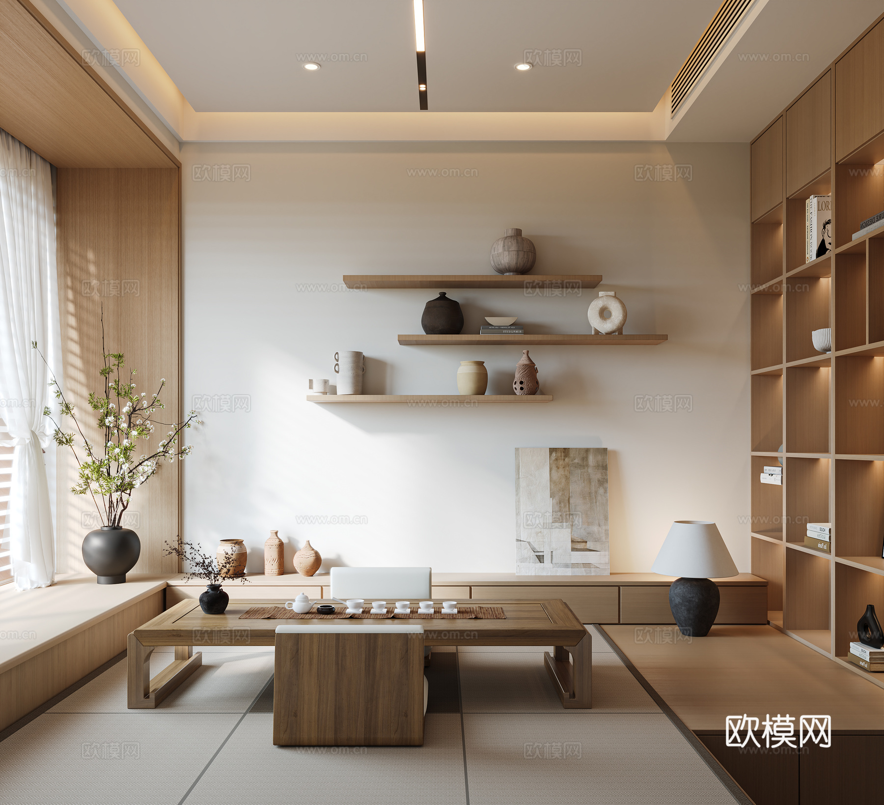 榻榻米茶室 茶台 飘窗台 纱帘 盆栽 茶柜 柜子3d模型