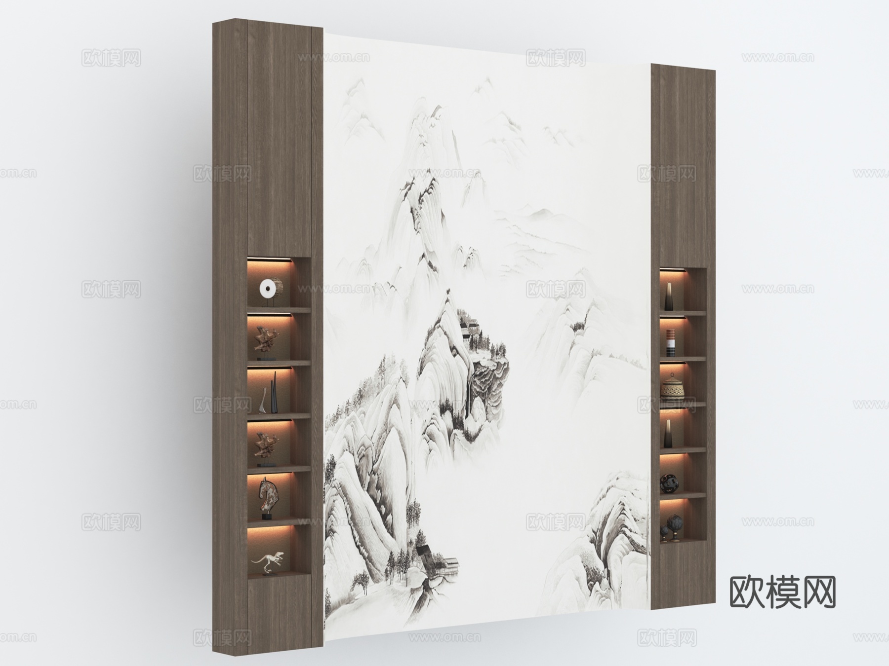 新中式  别墅 沙发背景墙 客餐厅背景墙3d模型