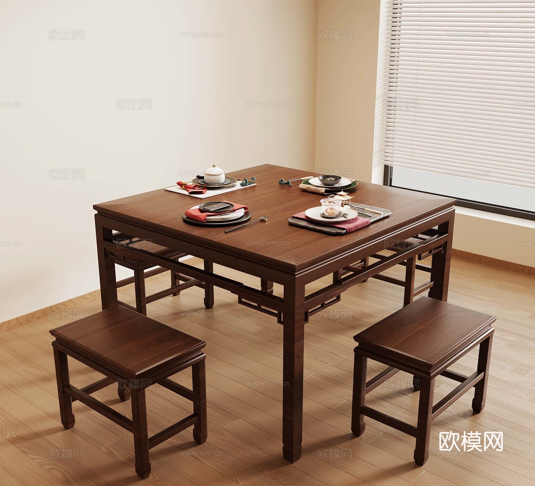 新中式餐桌 餐具3d模型