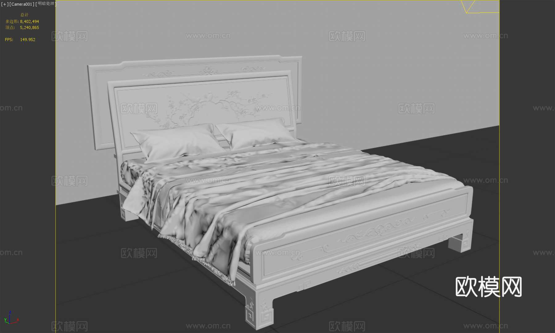 中式双人床 低体床 雕花床头床体 实木红木3d模型