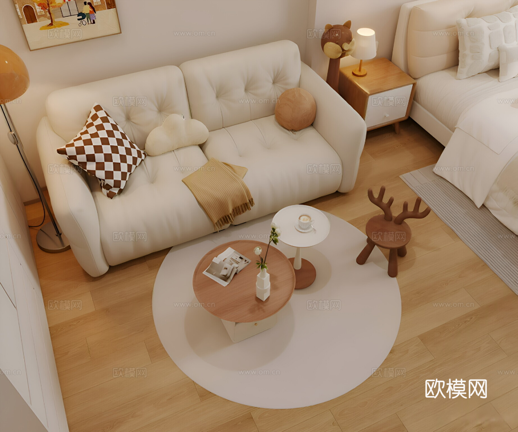 奶油简约公寓 一字型公寓3d模型