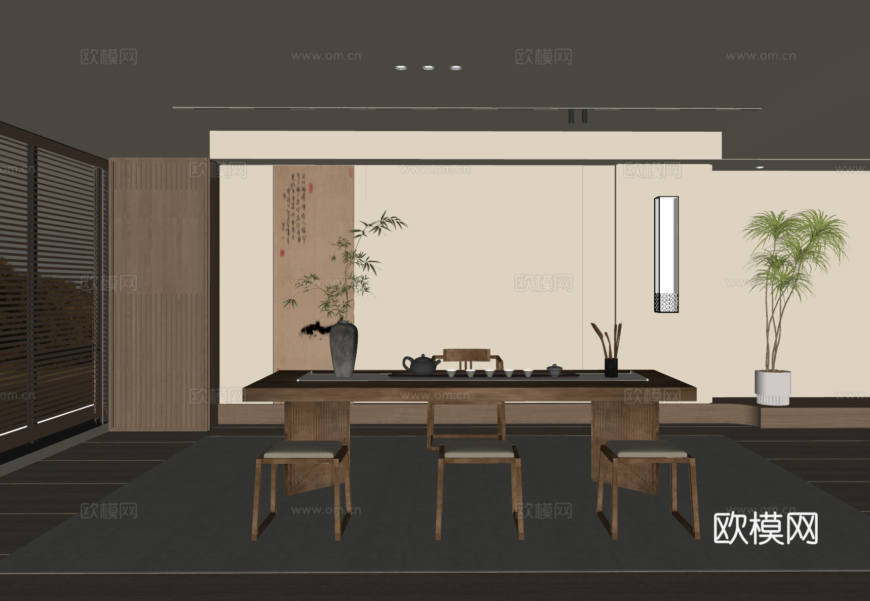 新中式中古风茶室 宋式风茶室su模型