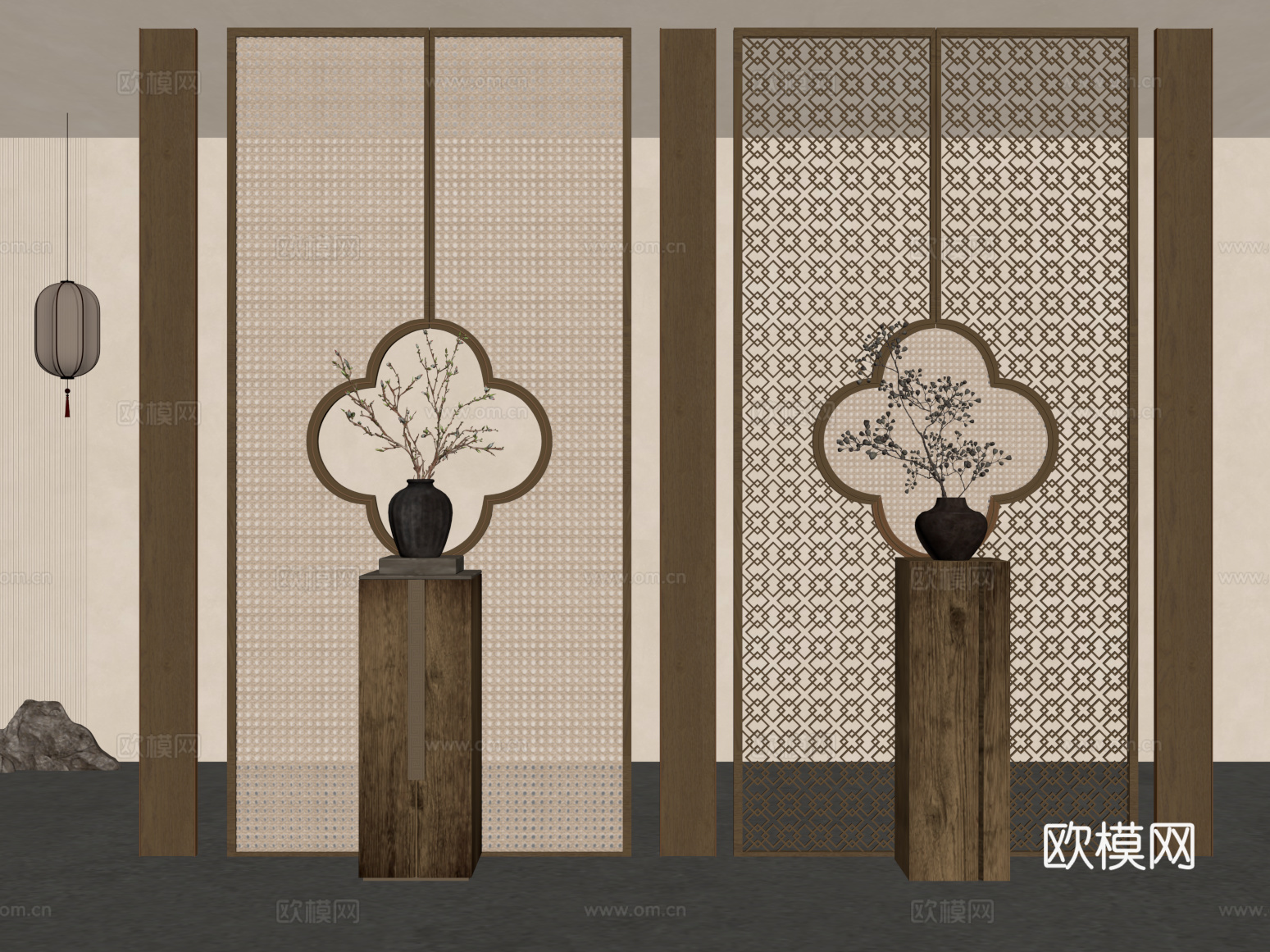 新中式玄关隔断 屏风 条案 端景柜 饰品摆件su模型