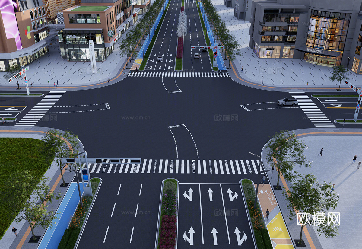 现代市政道路景观 城市公路 十字路口su模型