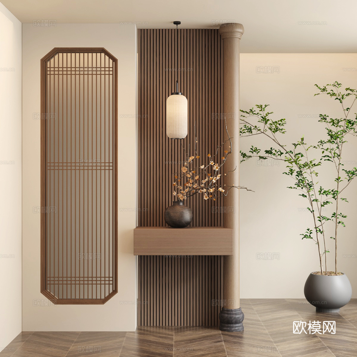新中式花格隔断灯笼吊灯干枝盆景su模型