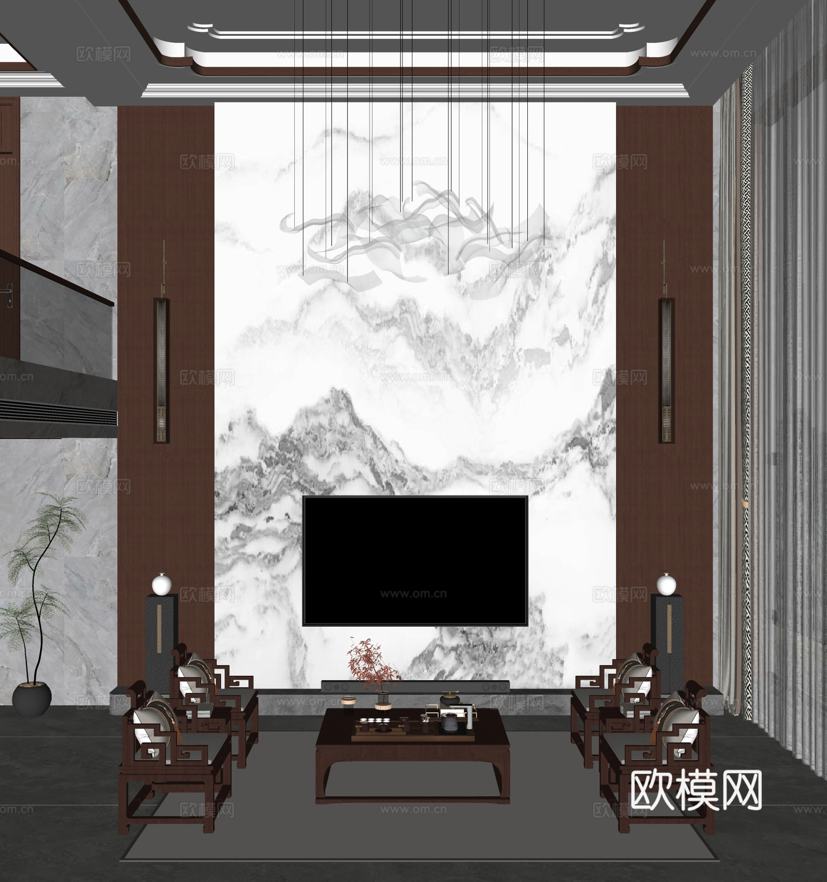 新中式别墅客厅su模型