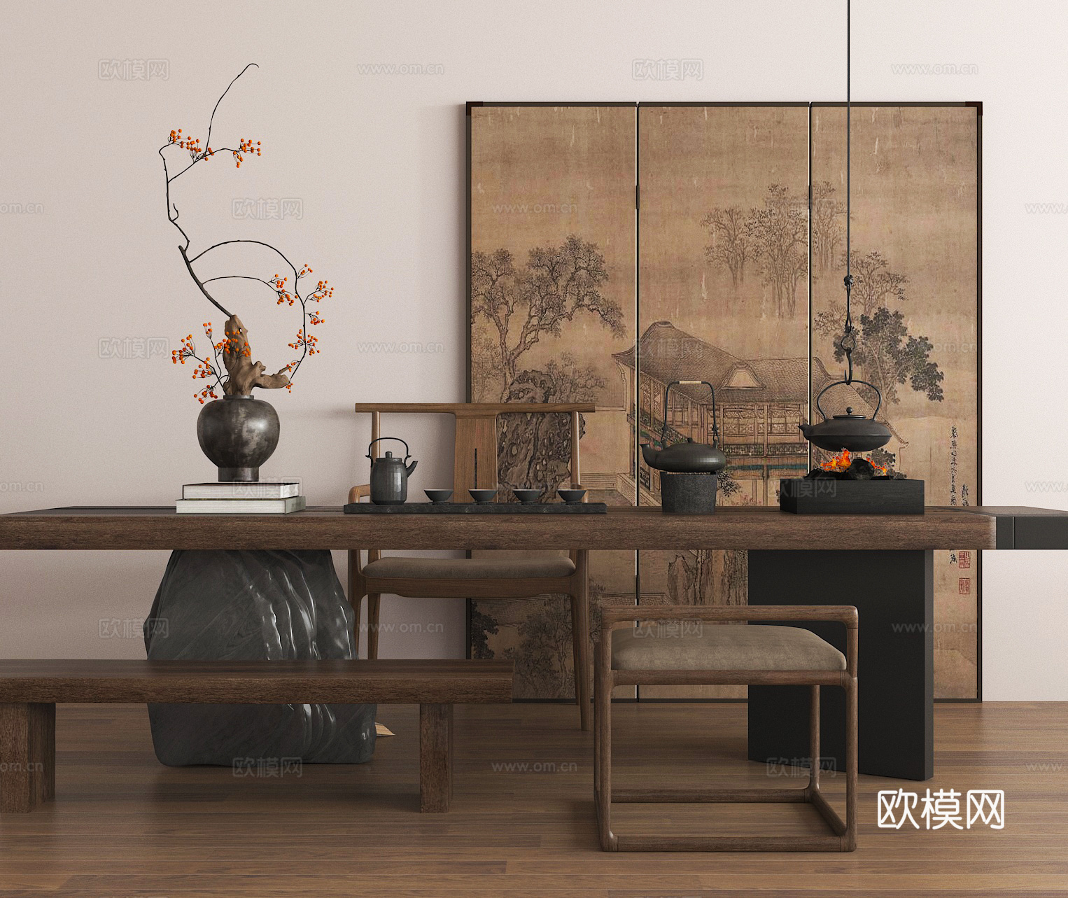 中式茶桌椅 茶台3d模型