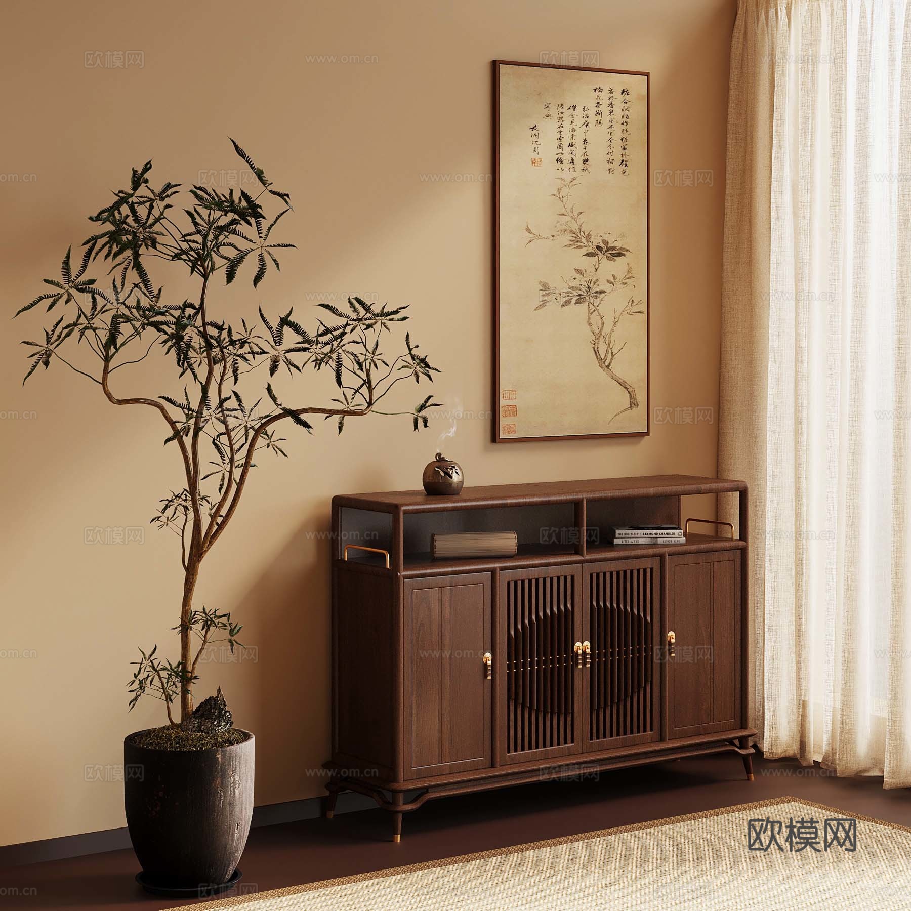 新中式玄关柜 挂画3d模型