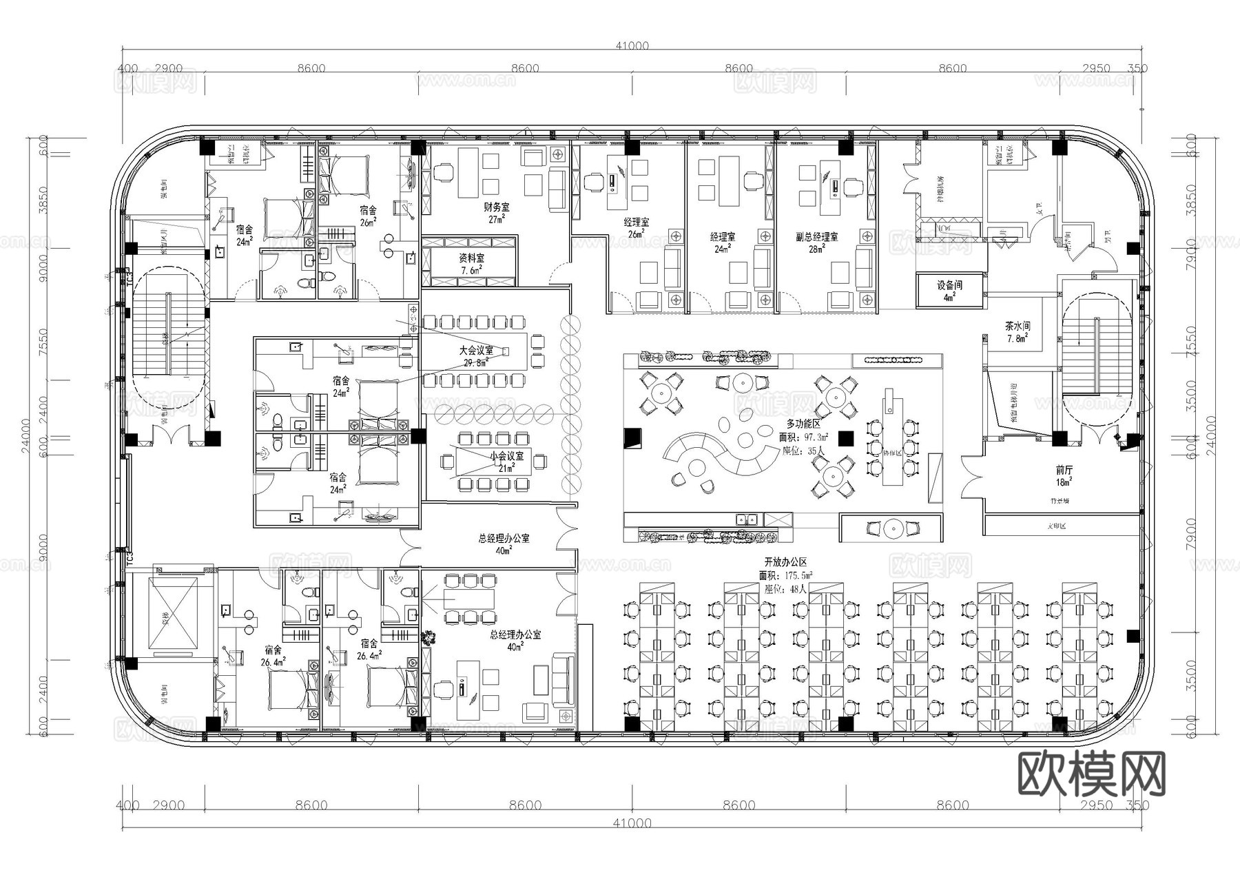 1000㎡日式风格办公室平面布置图cad施工图