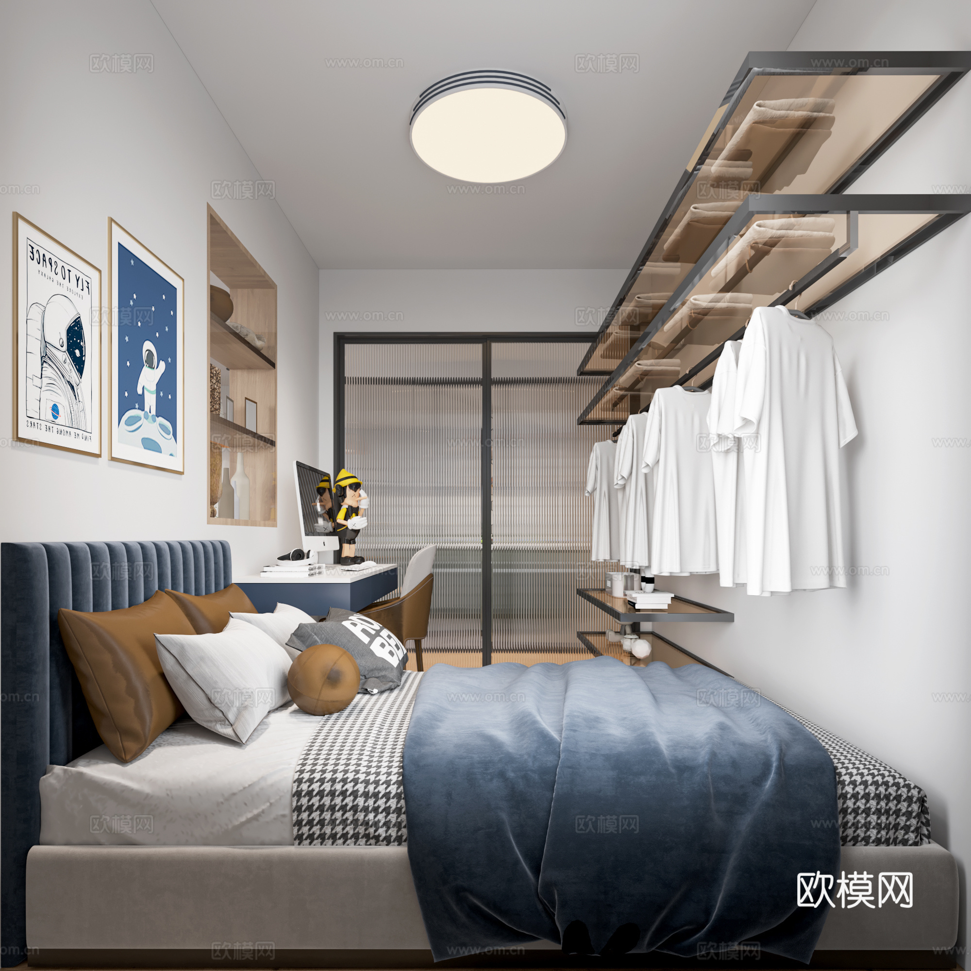 男孩房 有主灯 桌椅组合 柜子 卧室3d模型