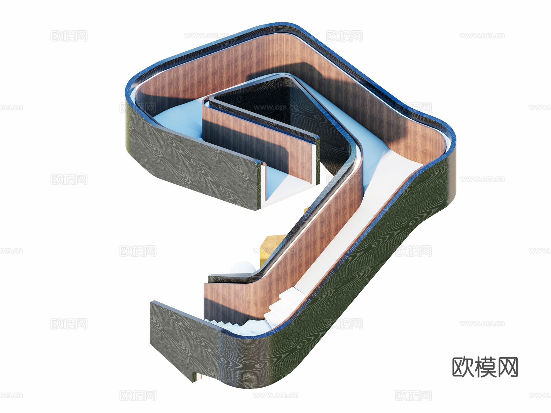 现代新中式 侘寂风 别墅建筑旋转 异形 柚木胡桃木楼梯组合3d模型