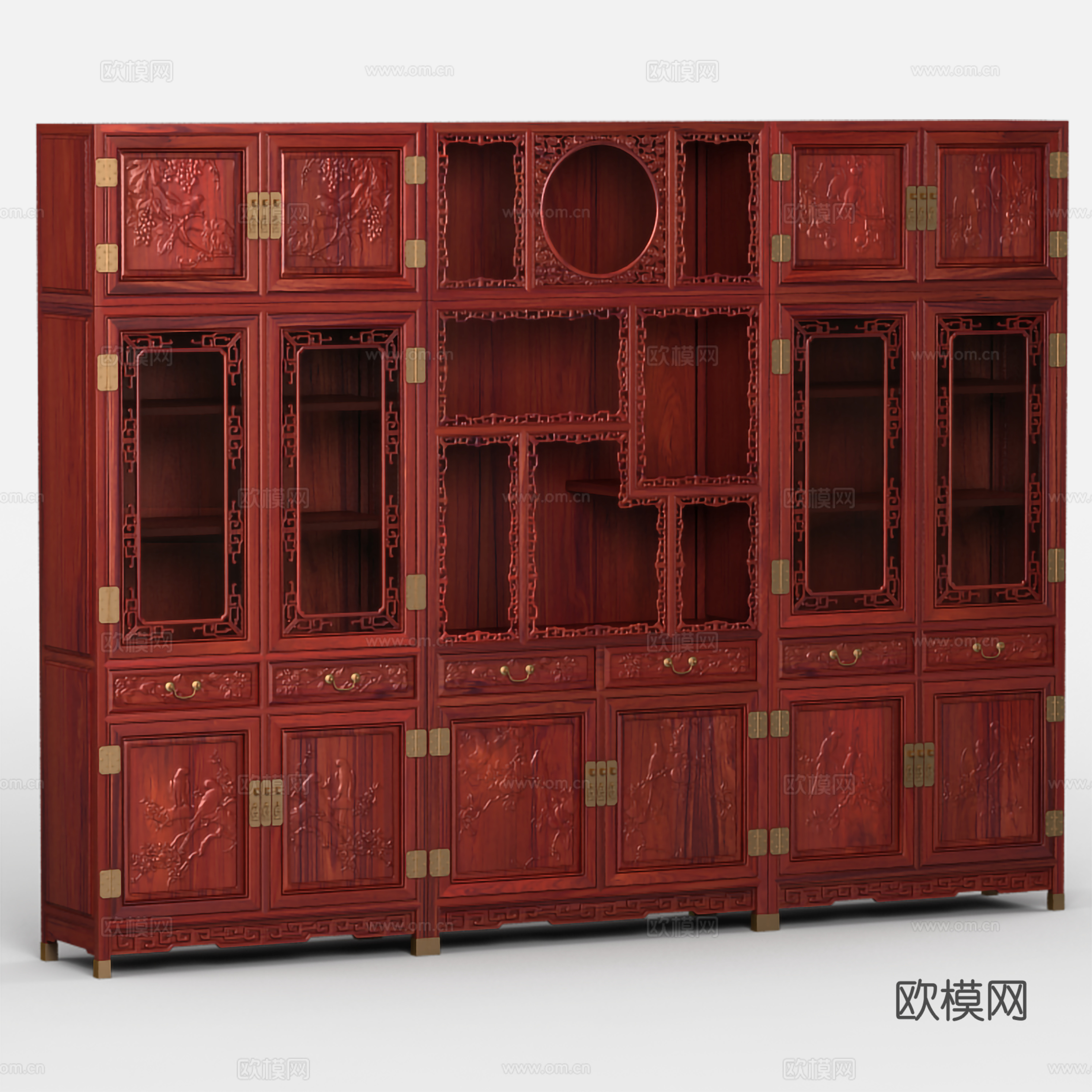 中式书柜 雕花门板 镂空玻璃门 实木红木3d模型
