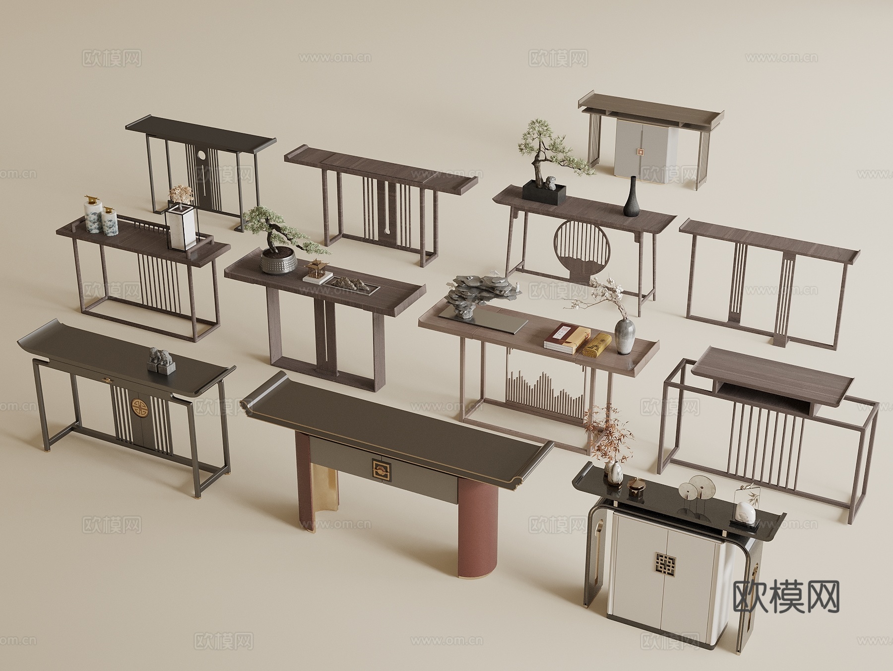 新中式端景台 玄关柜 端景柜 端景条案 玄关摆件 盆景3d模型