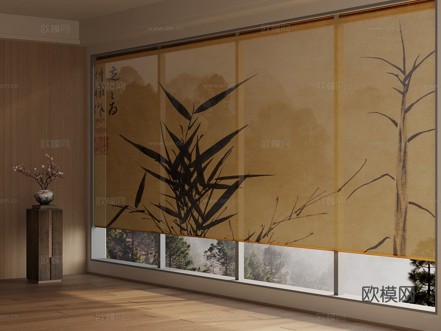窗帘 新中式卷帘 花瓶su模型