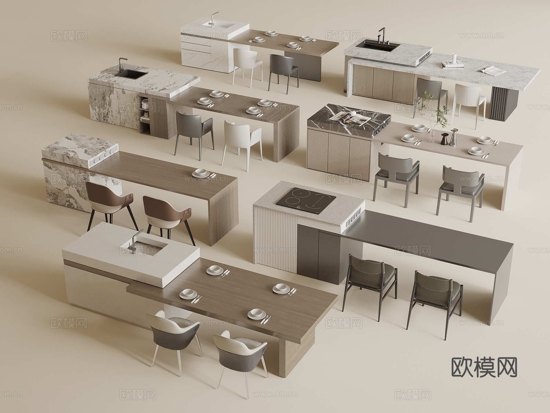 现代中岛台餐桌椅组合3d模型