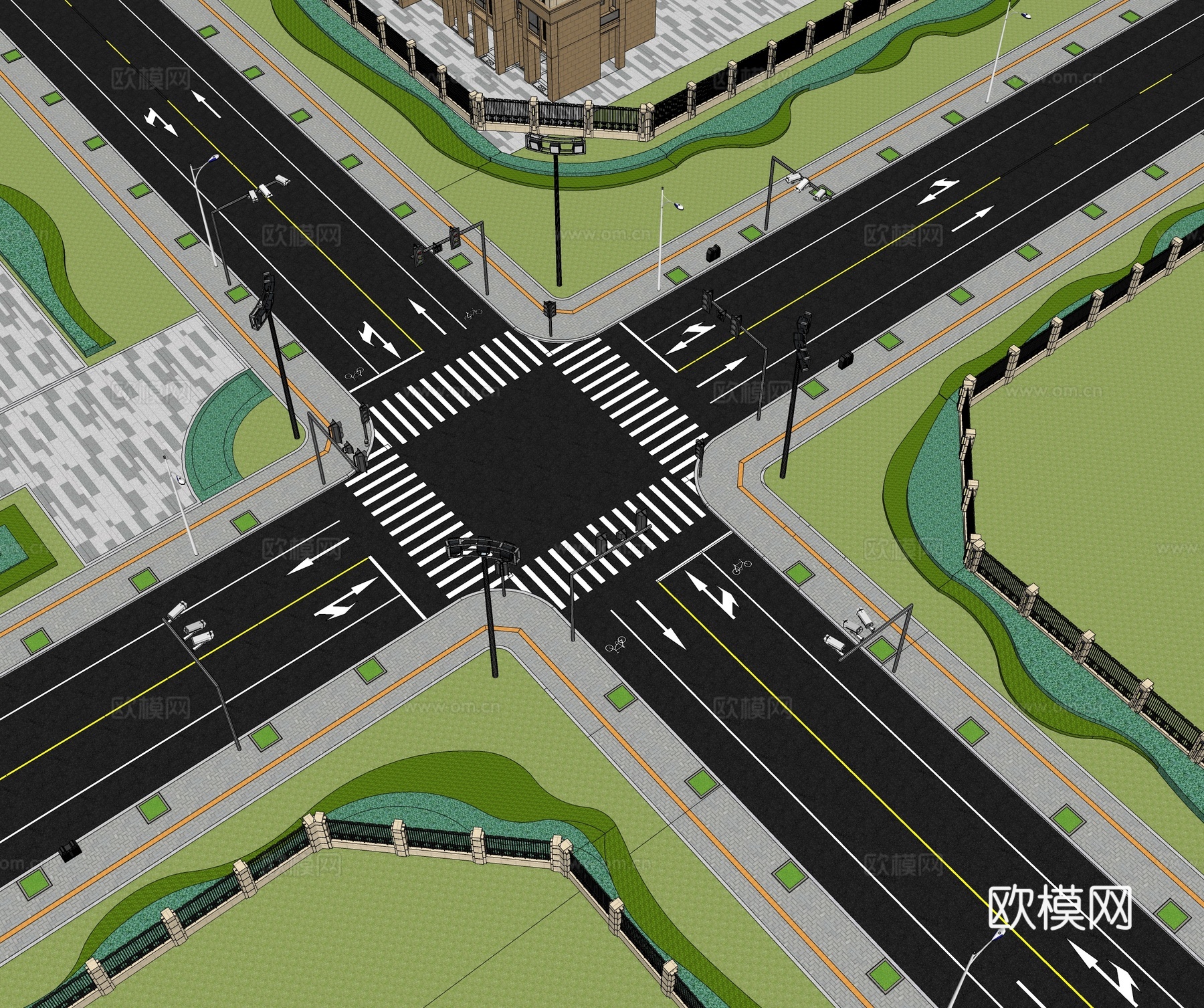 现代道路 十字路口 双车道su模型