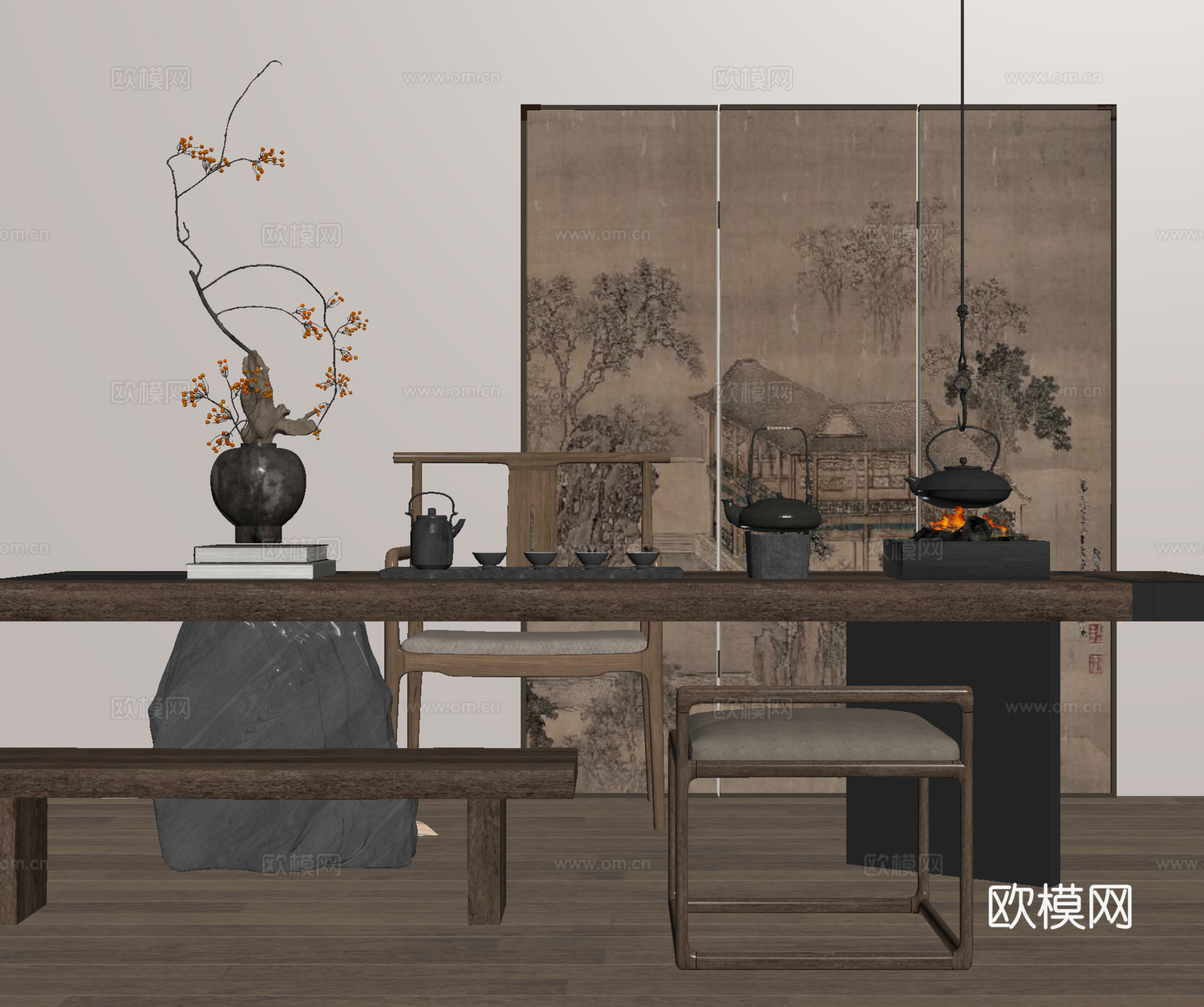 中式茶桌椅 茶台su模型