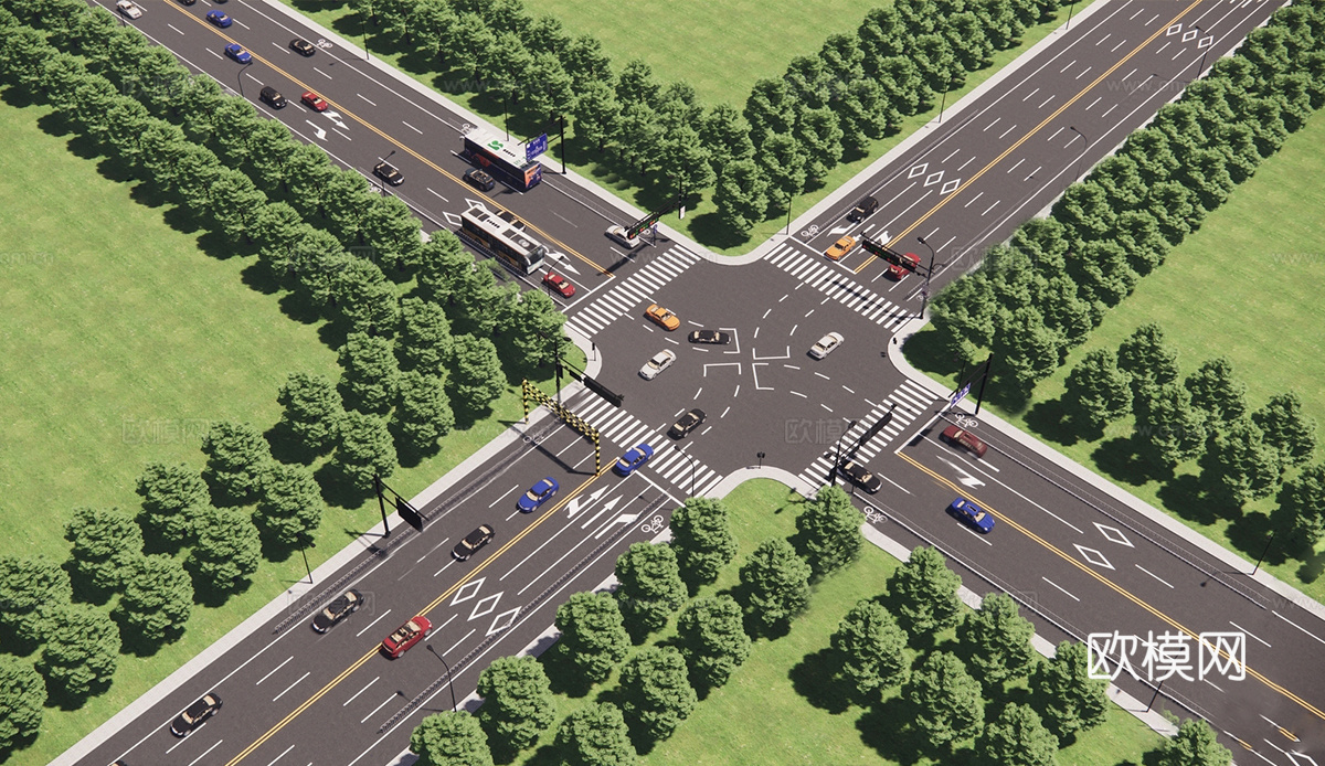 现代市政道路景观 城市公路 十字路口su模型