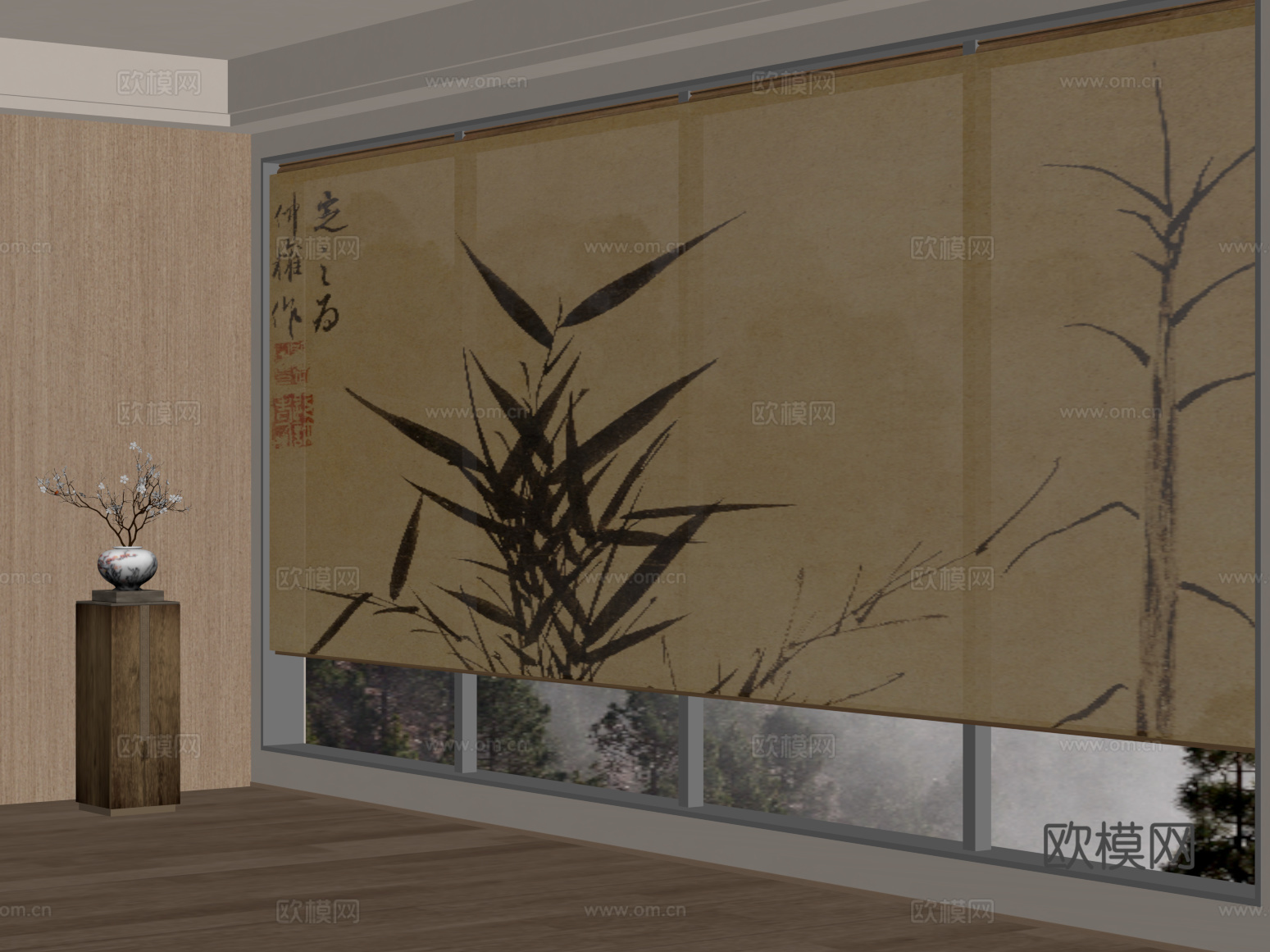 窗帘 新中式卷帘 花瓶su模型
