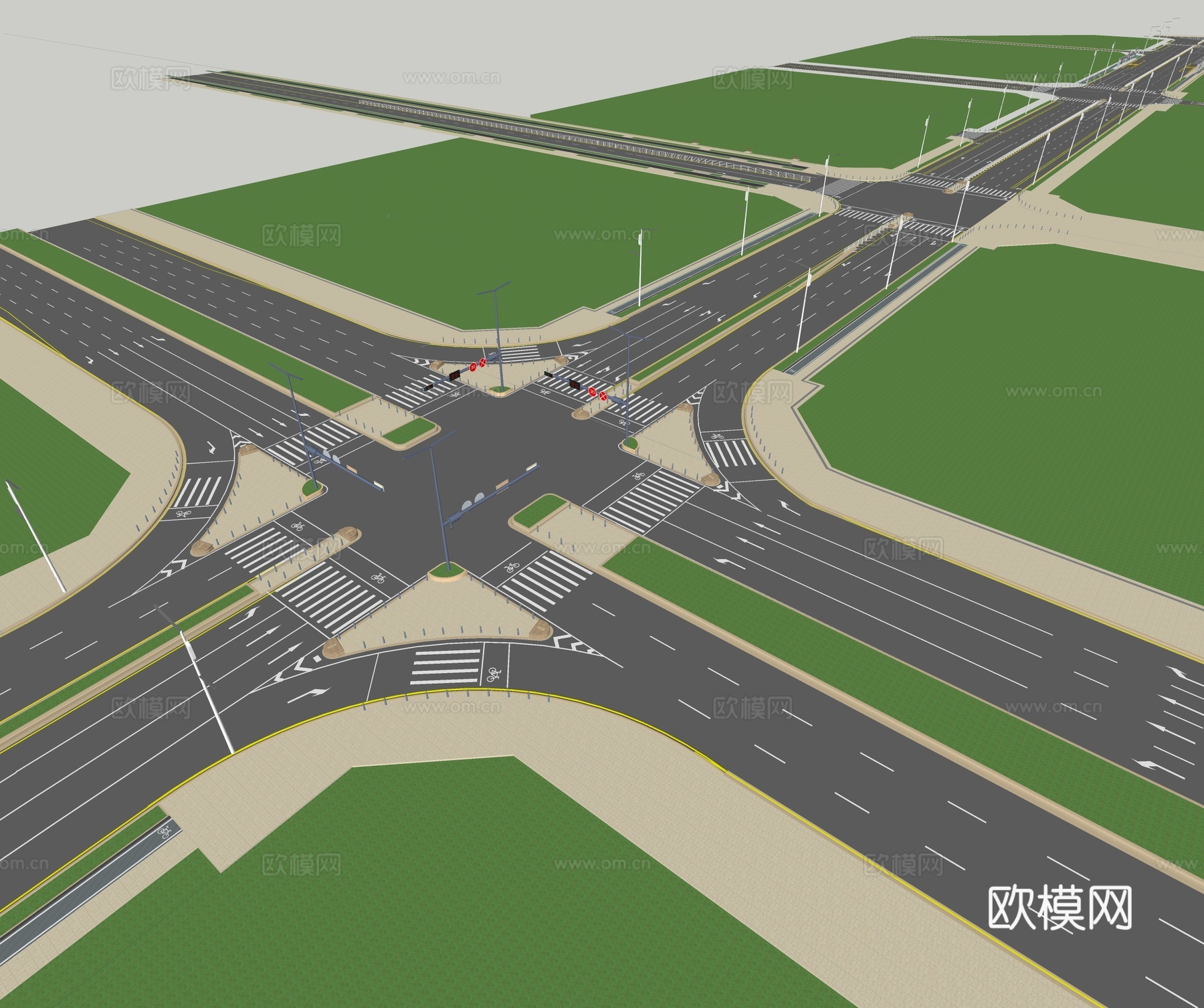 现代市政道路景观 城市公路 十字路口su模型
