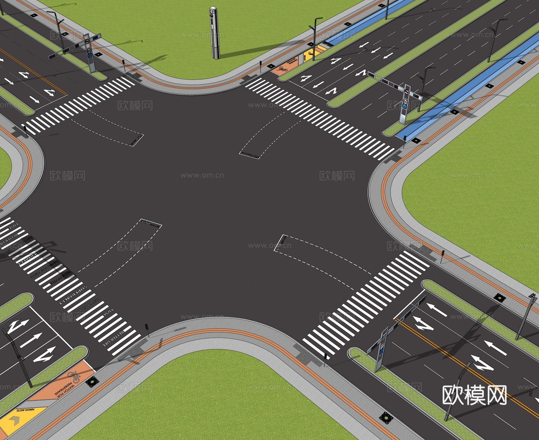 现代市政道路景观 城市公路 十字路口su模型