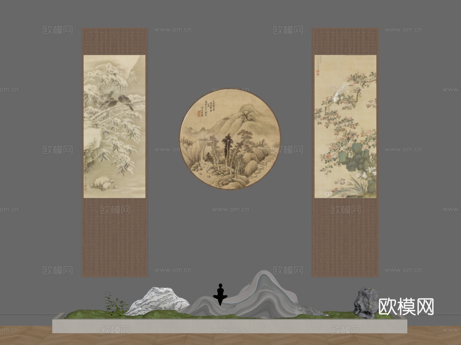 新中式装饰画 假山 室内装饰摆件su模型