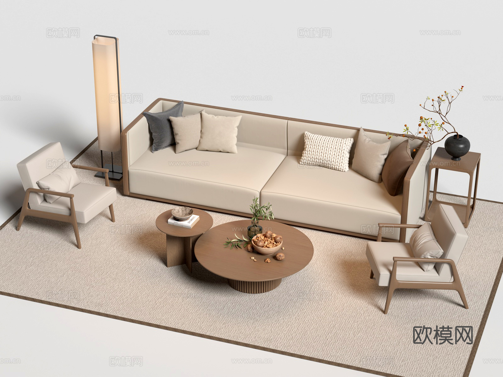 侘寂中古沙发茶几边几落地灯3d模型
