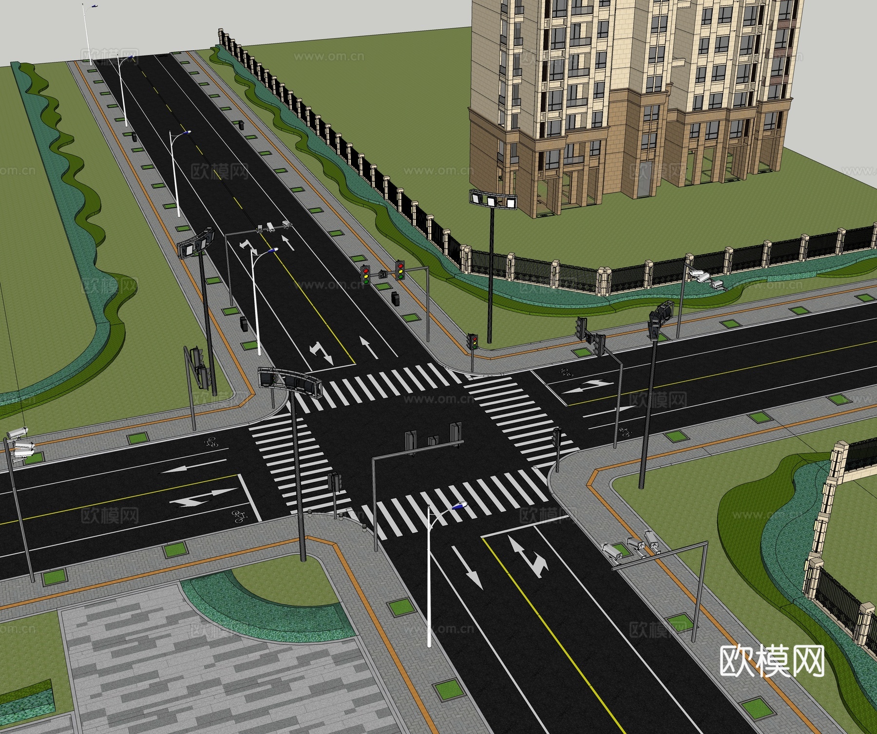 现代道路 十字路口 双车道su模型