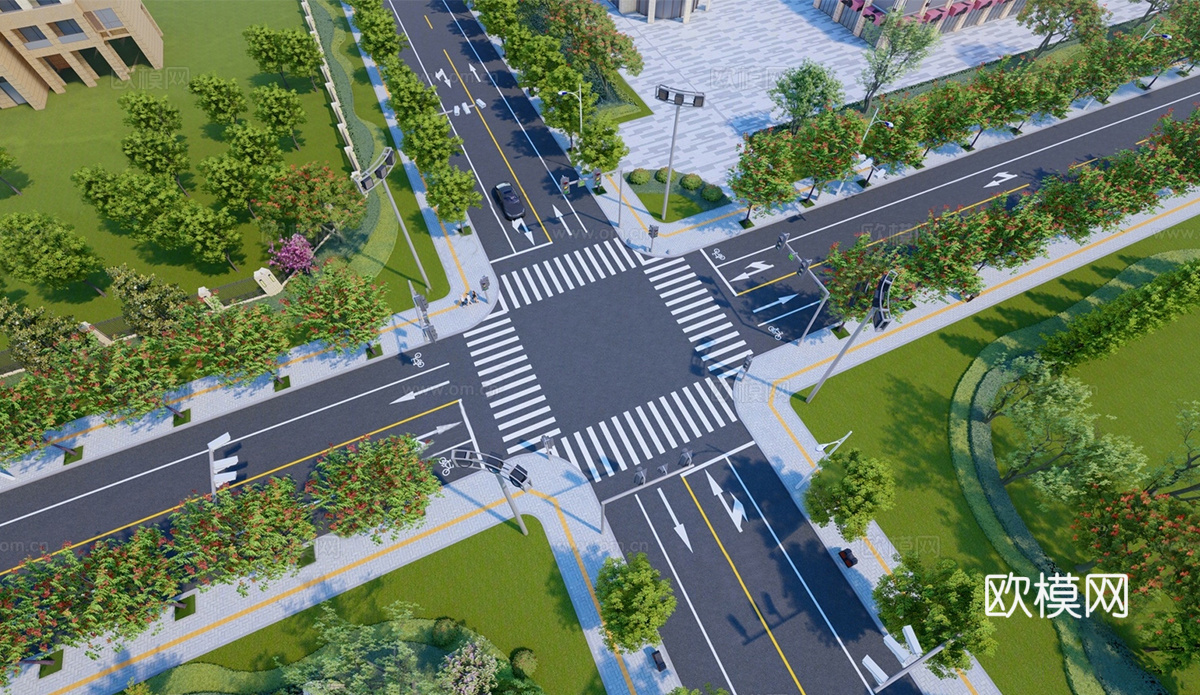 现代道路 十字路口 双车道su模型