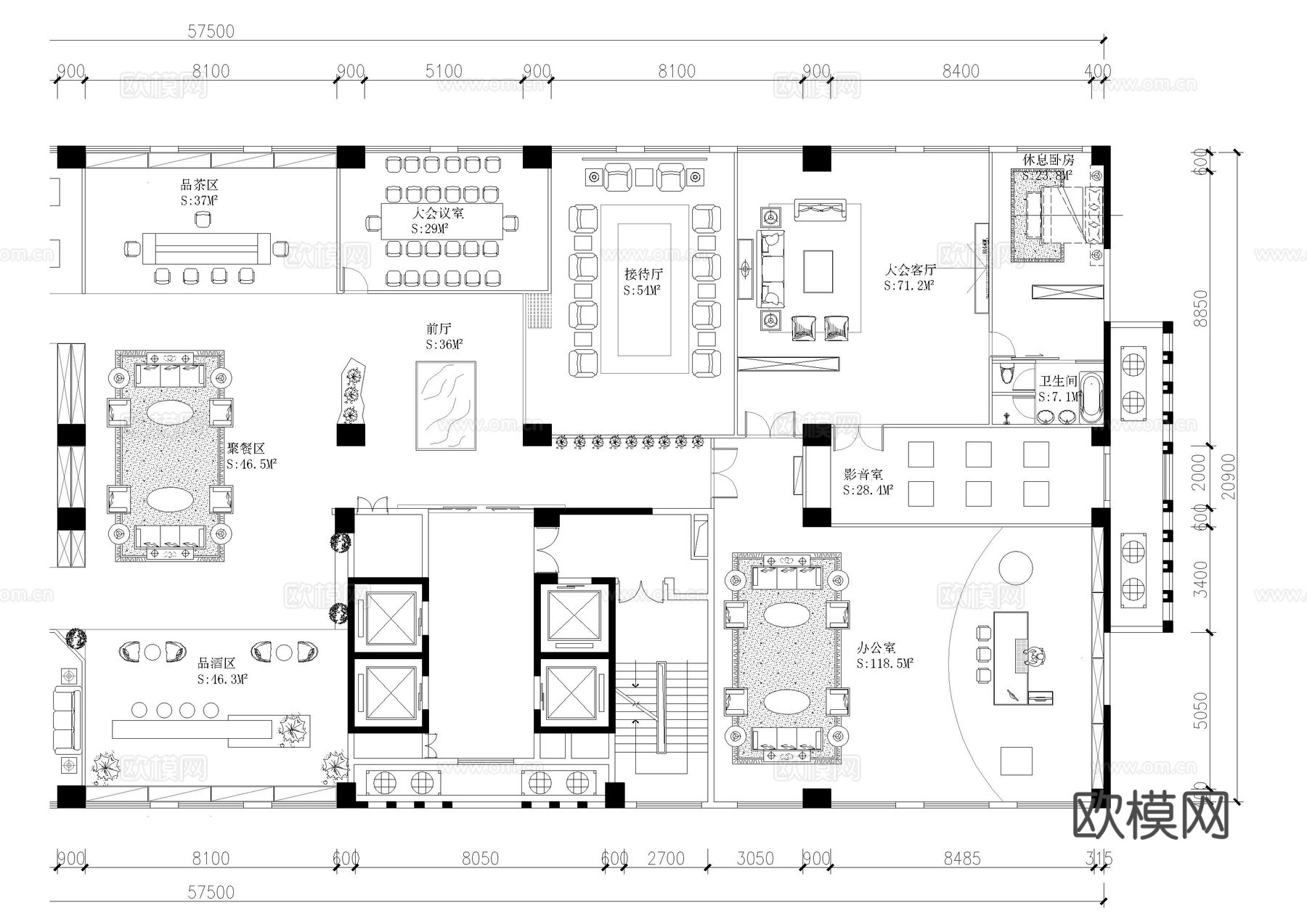 1200㎡私人休闲会所平面布置图cad施工图