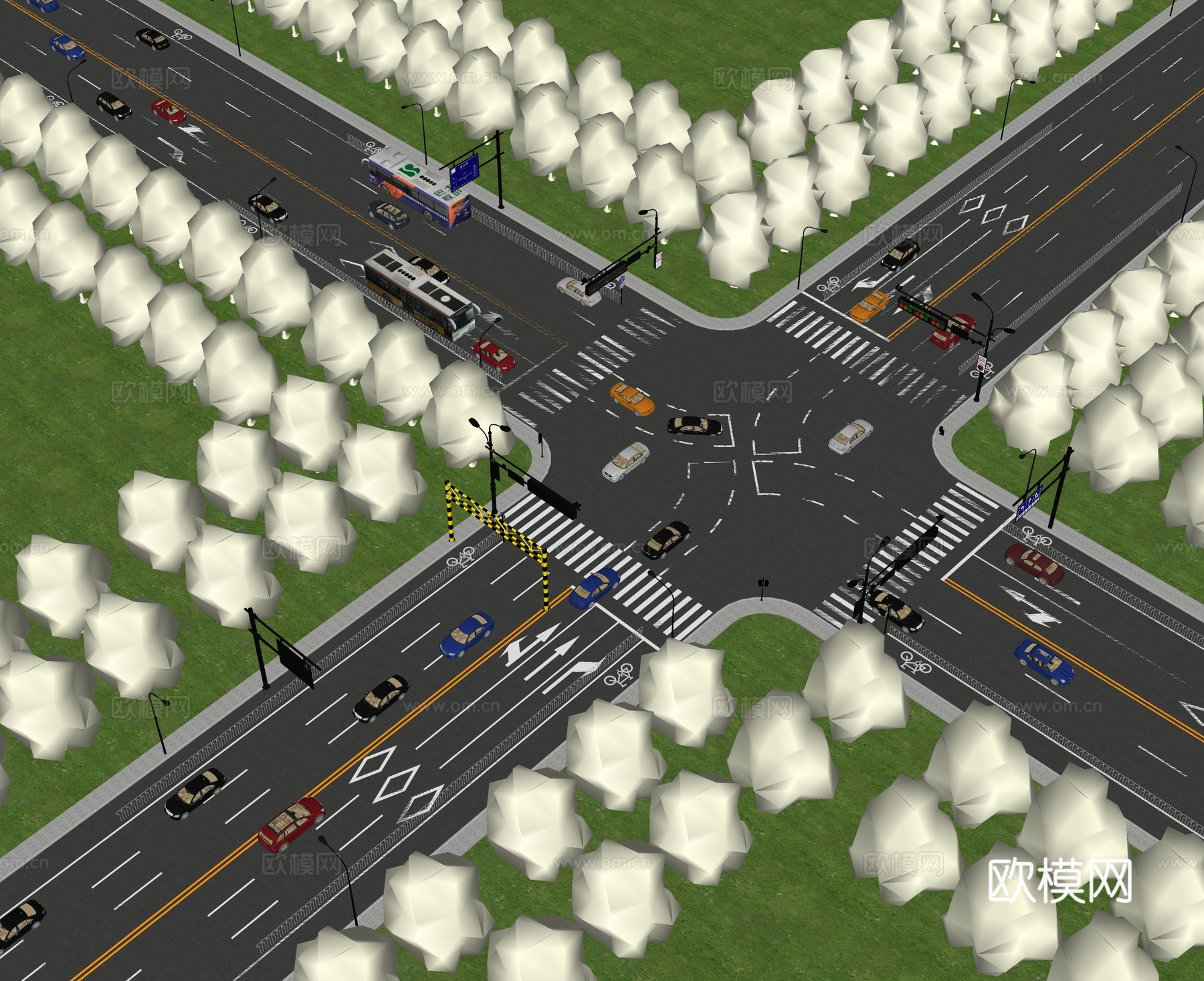 现代市政道路景观 城市公路 十字路口su模型