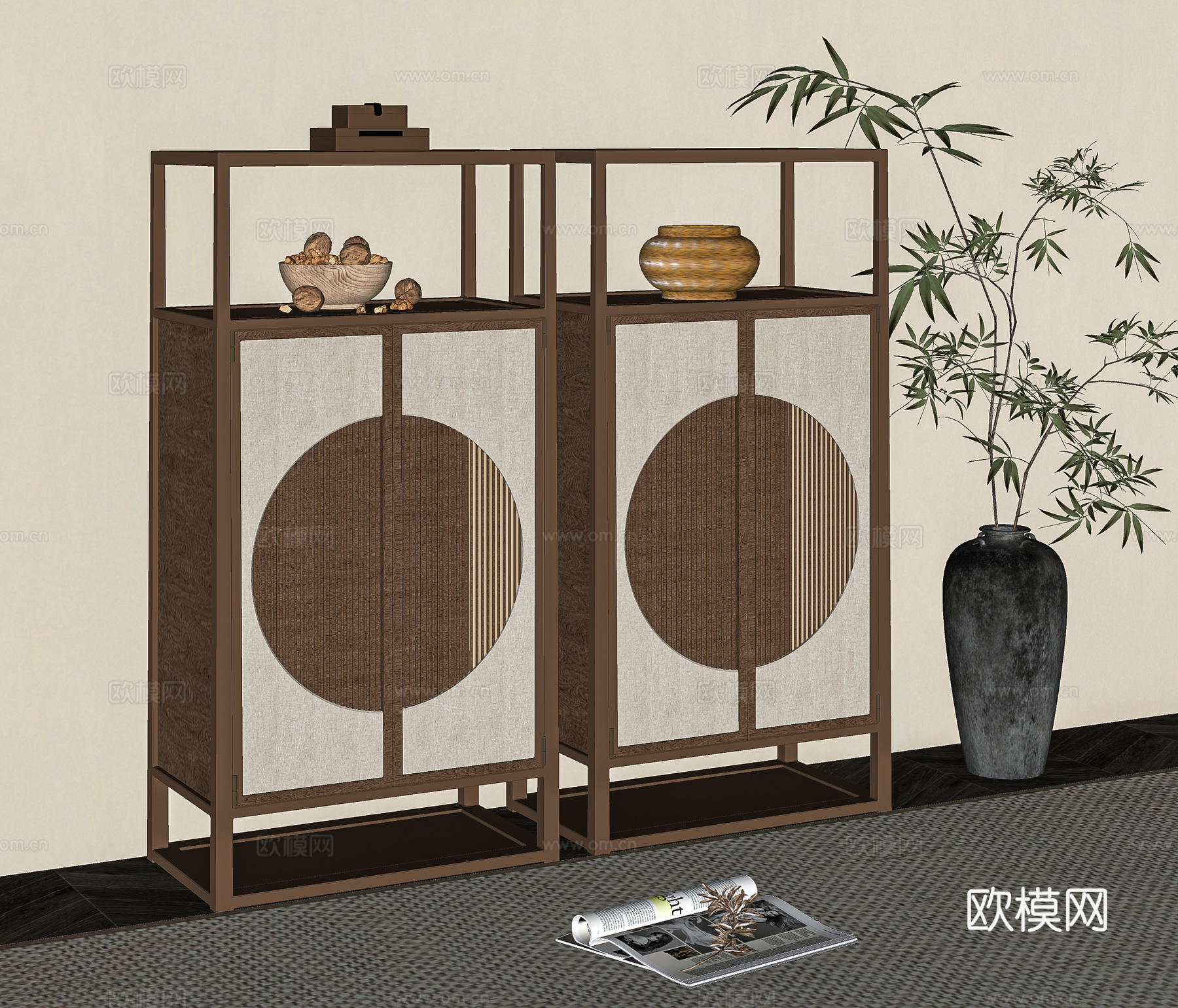 新中式玄关边柜竹子盆景su模型