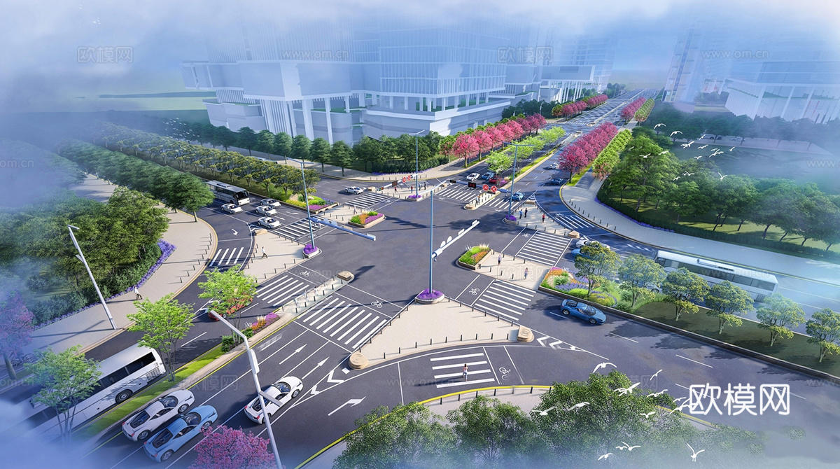 现代市政道路景观 城市公路 十字路口su模型