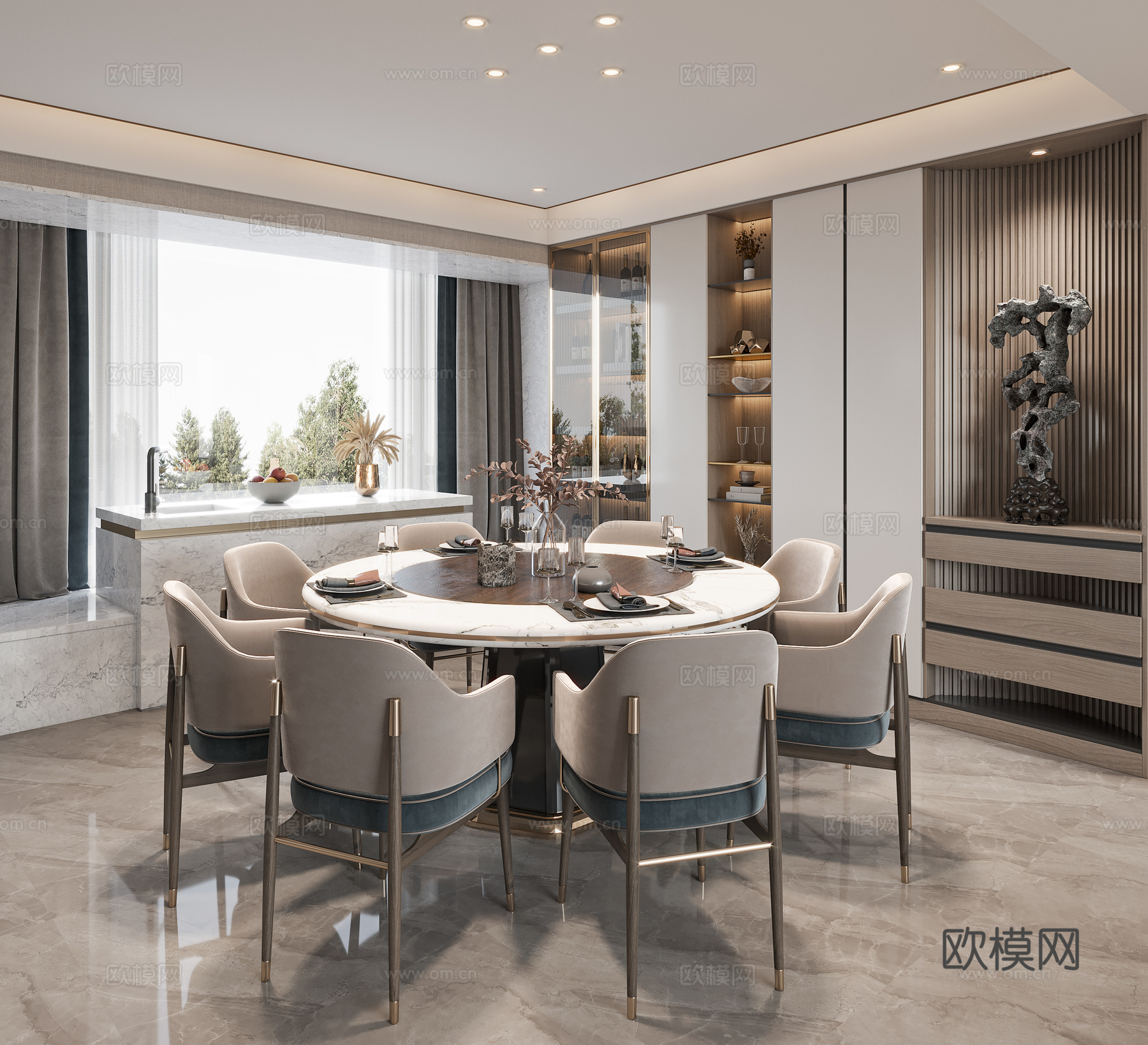 现代餐厅 圆桌餐厅 柜子 洗手台 摆件3d模型