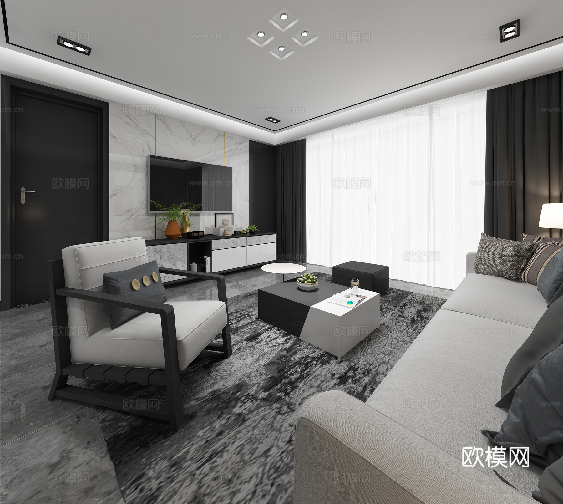 现代后现代客餐厅 现代黑白灰色调沙发 餐桌椅 茶几 电视3d模型