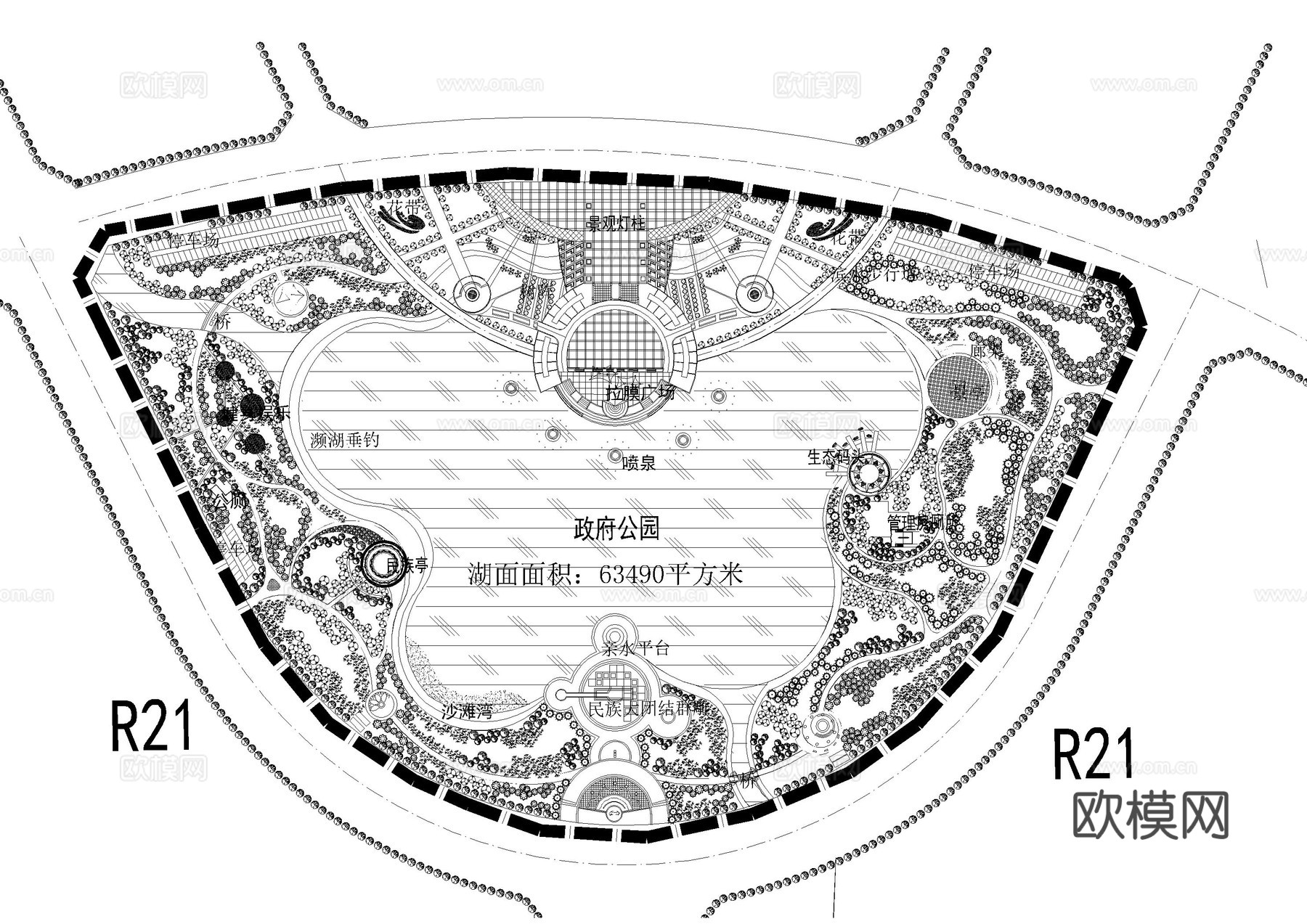 人工湖园林景观平面图cad施工图