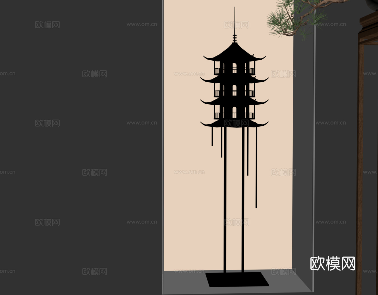 新中式室内雕塑 古建筑摆件su模型