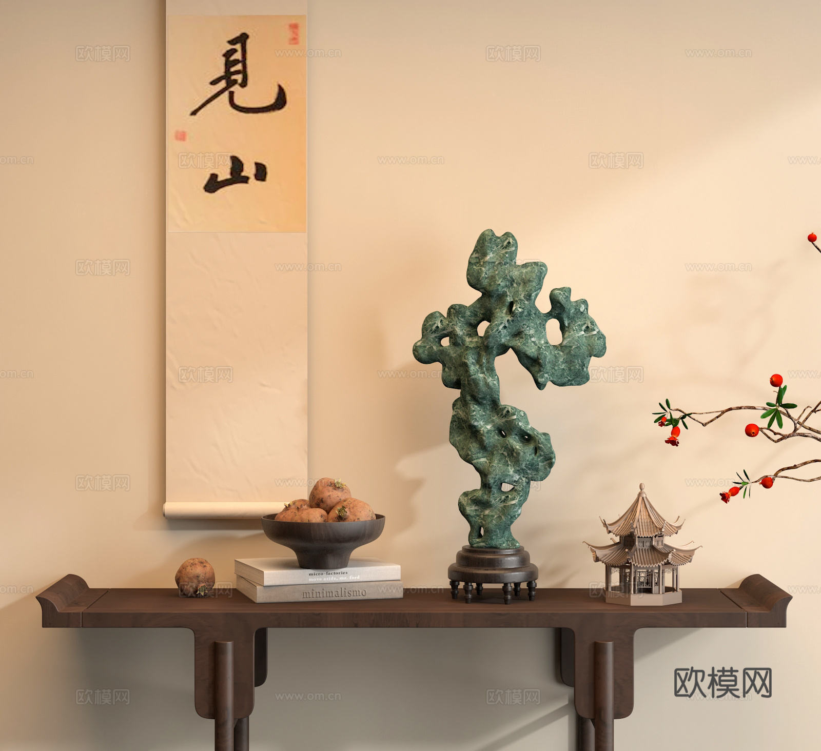 诧寂中古玄关柜太湖石干枝盆景su模型