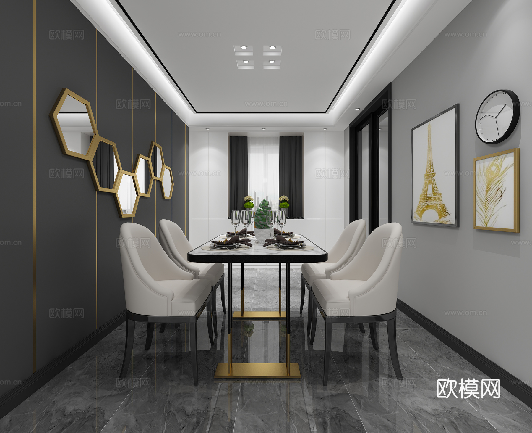现代后现代客餐厅 现代黑白灰色调沙发 餐桌椅 茶几 电视3d模型
