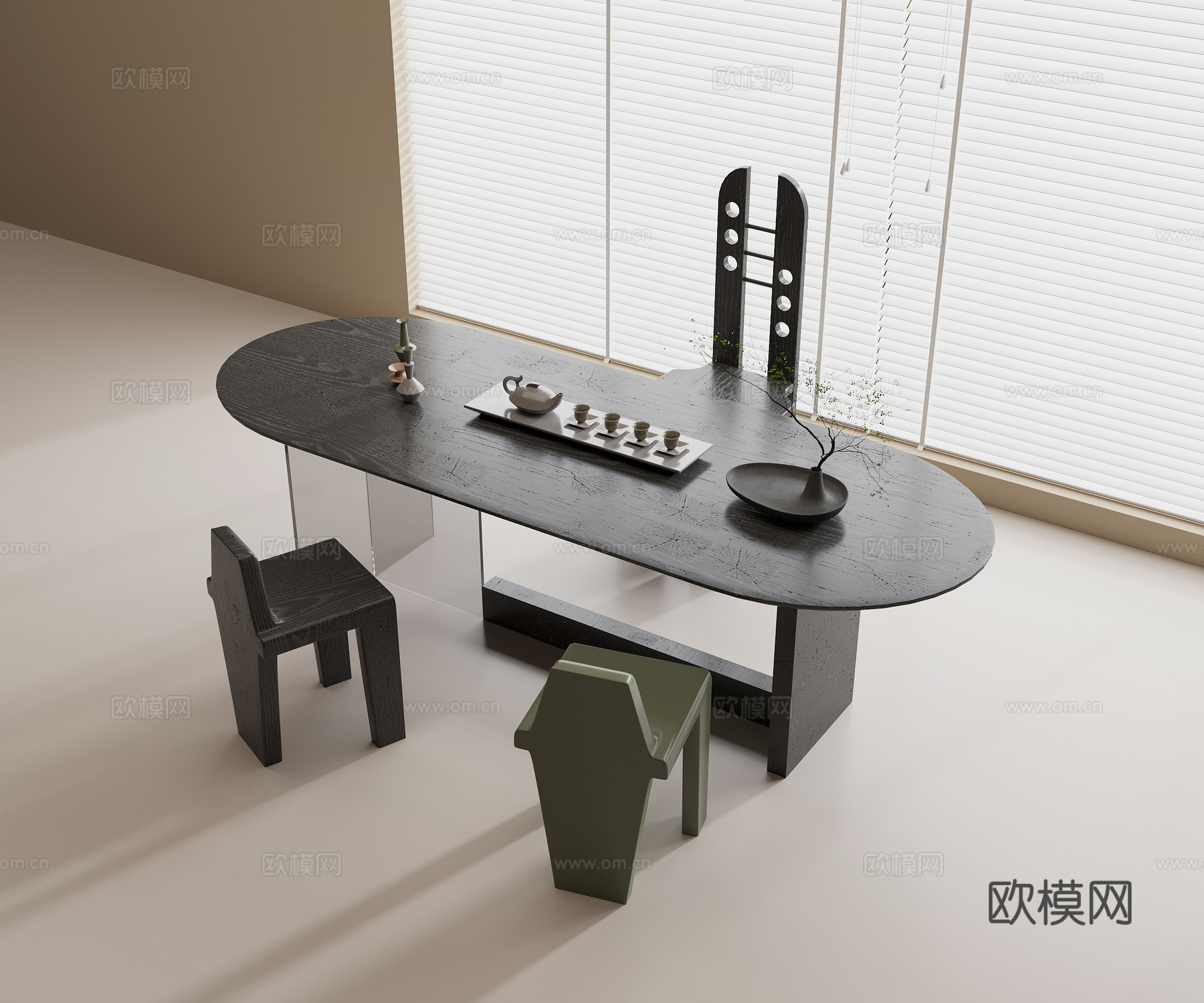现代茶桌椅组合 实木茶桌 实木单椅 亚克力桌脚 茶具组合 茶3d模型