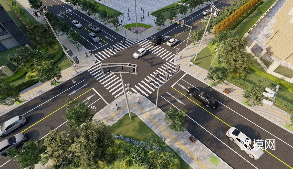 现代道路 十字路口 双车道su模型