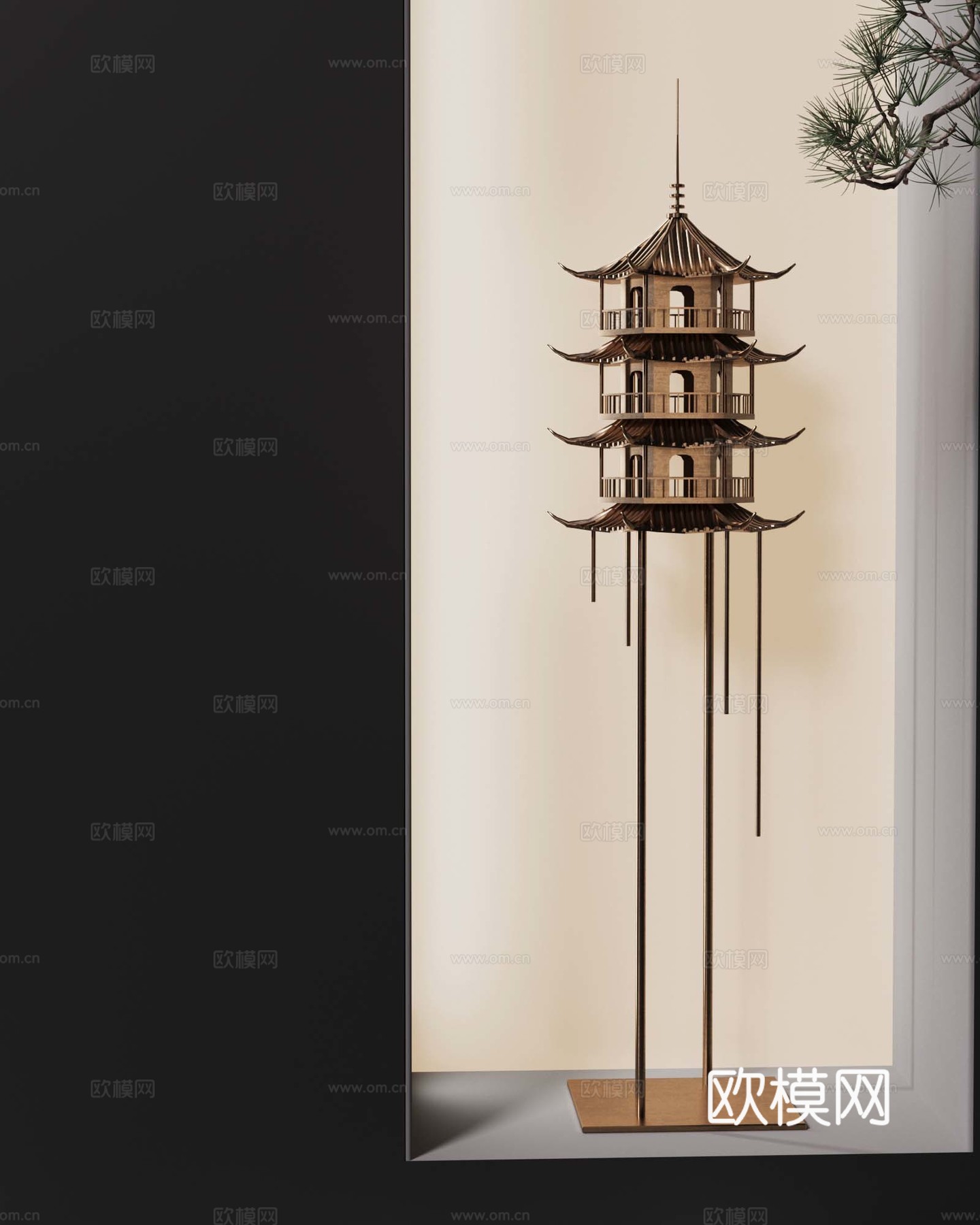 新中式室内雕塑 古建筑摆件3d模型