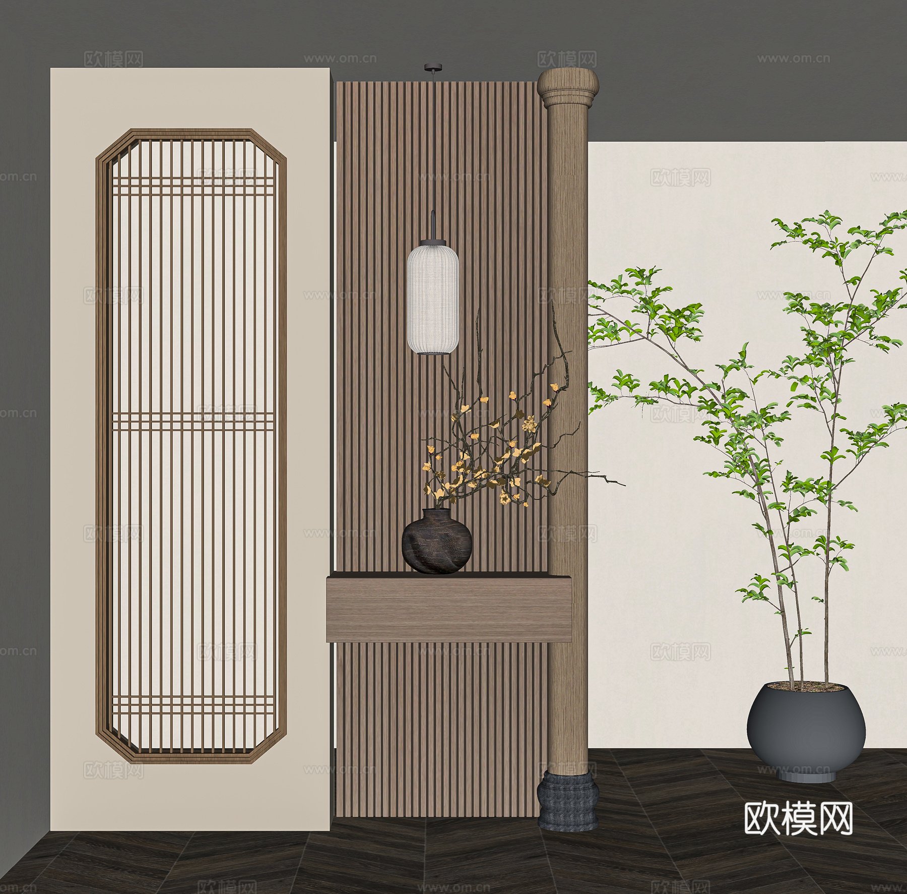 新中式花格隔断灯笼吊灯干枝盆景su模型
