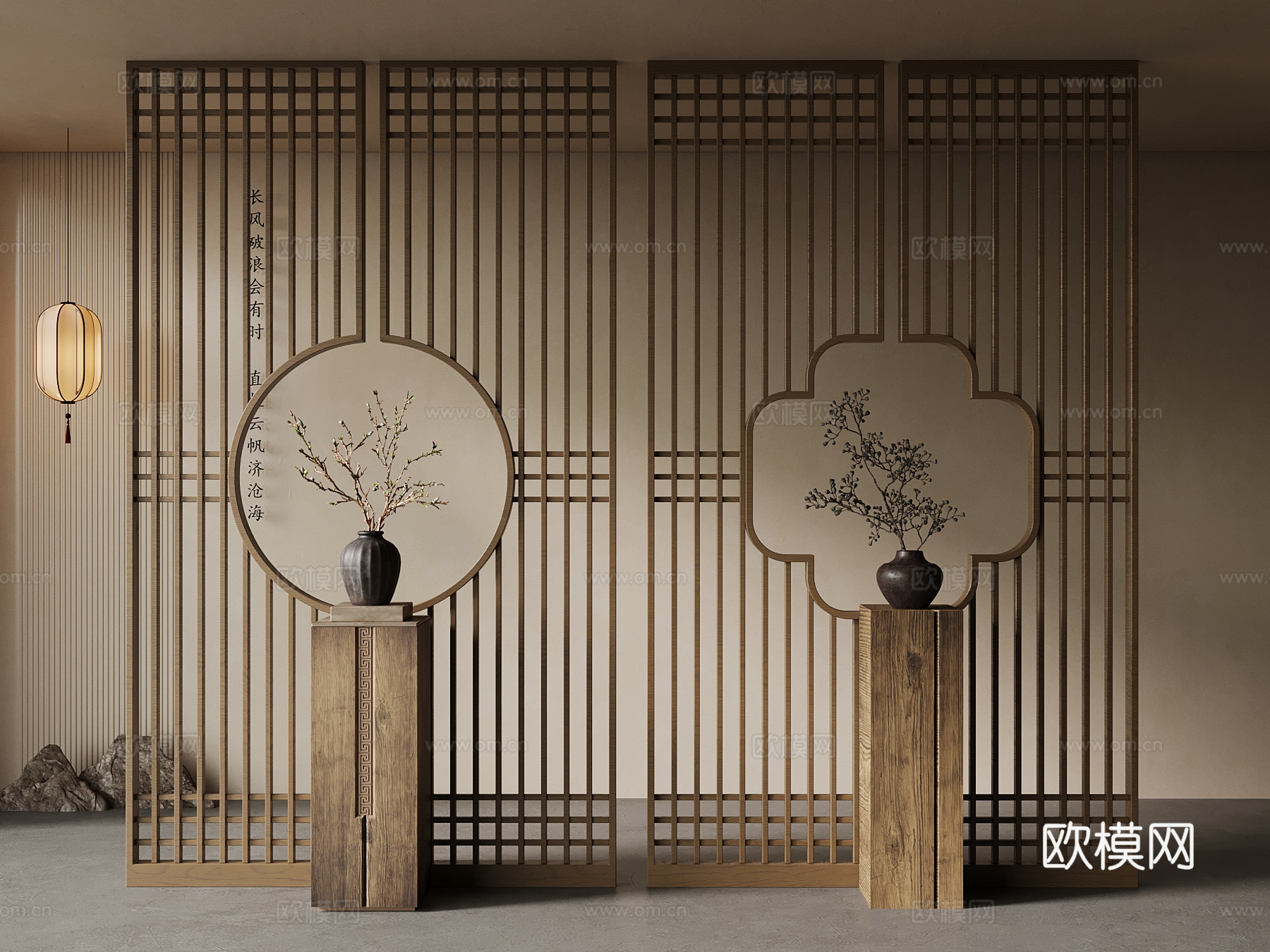 新中式玄关隔断 条案 端景柜 饰品摆件su模型