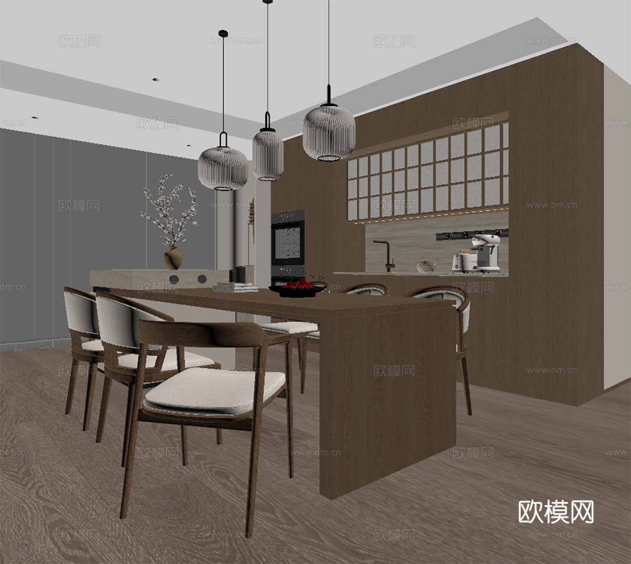 禅意新中式家居餐厅 宋代美学餐厅 岛台餐桌椅组合 宋式吊灯3d模型