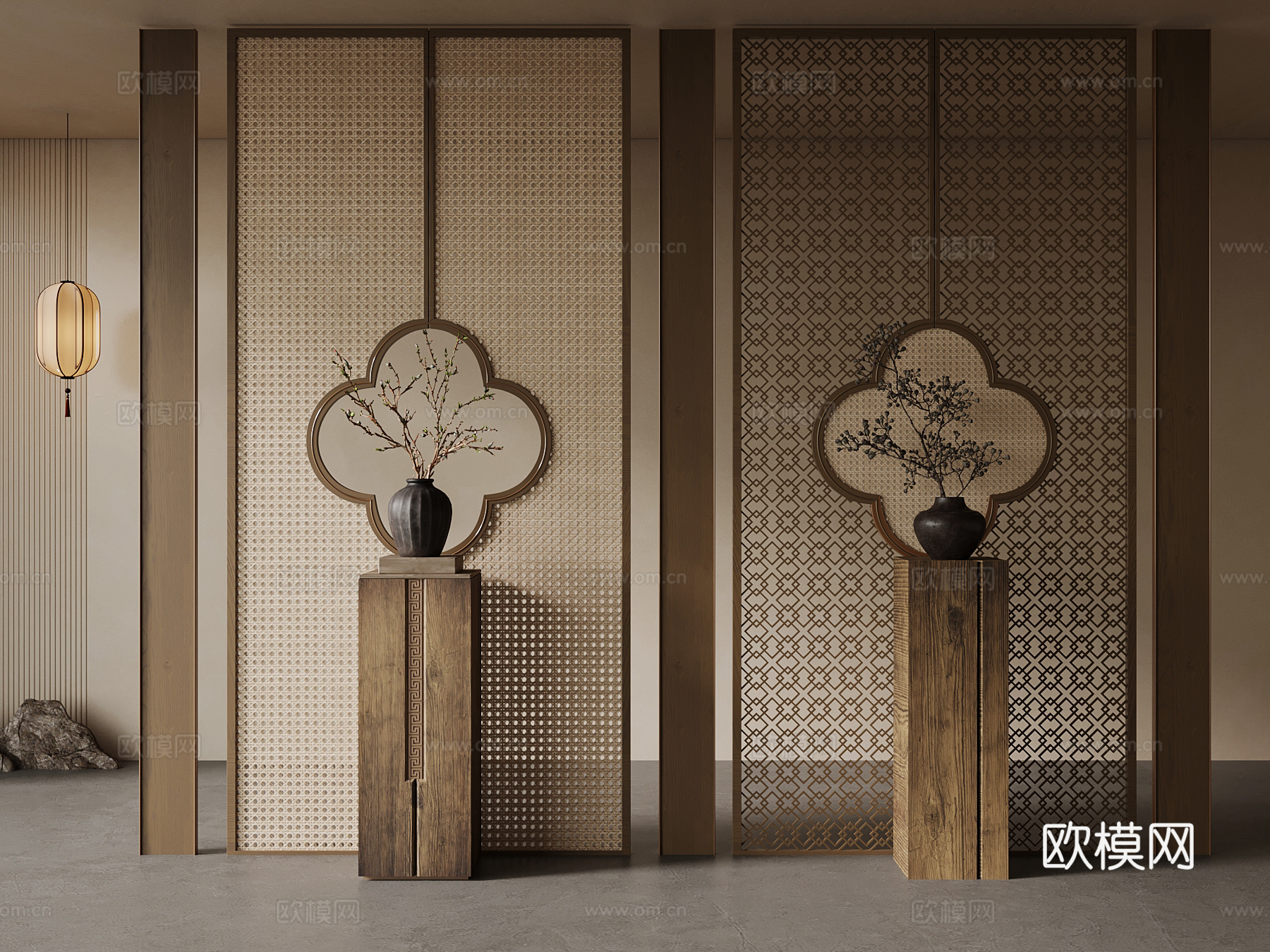 新中式玄关隔断 屏风 条案 端景柜 饰品摆件su模型