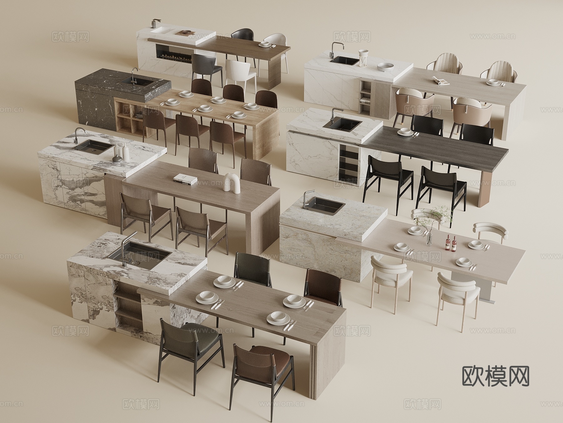 现代中岛台餐桌椅组合3d模型