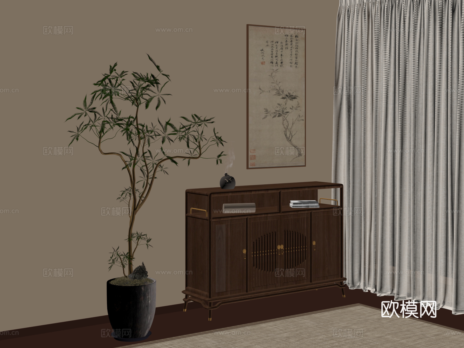 新中式玄关柜 挂画su模型