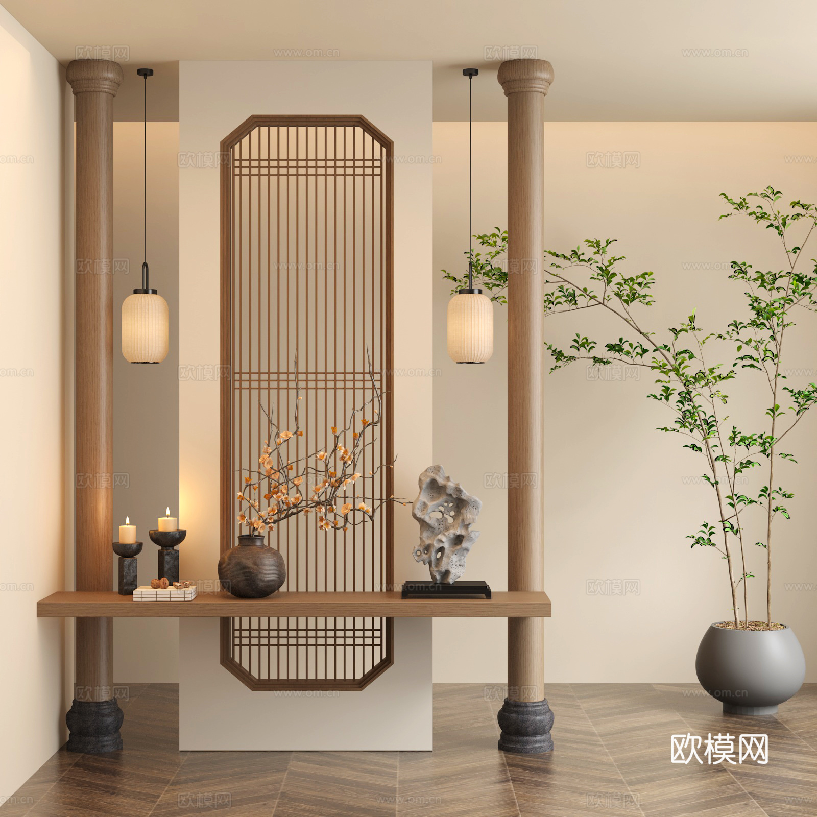 新中式花格隔断灯笼吊灯干枝盆景太湖石3d模型